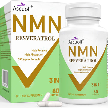 99% Ultra Purity NMN 500mg + Trans-Resveratrol 600mg, 1150mg NMN Resveratrol Supplement, 3-in-1 Advanced Formula for Boost* NAD, Cell, Immune, Energy & Muscle, Healthy Aging, Stabilized Form - 60 Caps Ascuoli uk supplements