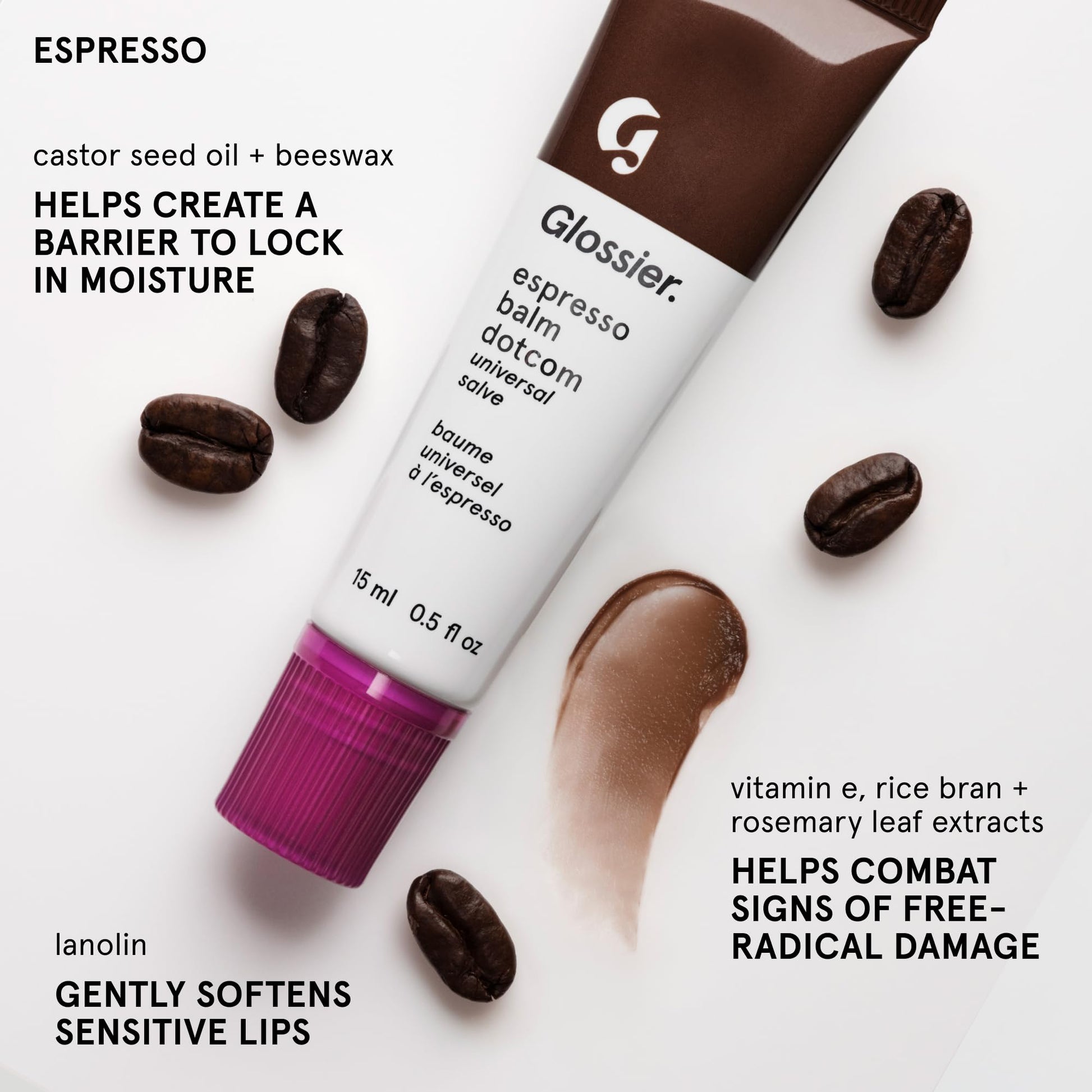 Glossier Balm Dotcom Hydrating Tinted Lip Balm - Universal Salve, Up to 12Hr Moisture for Dry Lips, Cuticles & Skin - Lanolin, Beeswax & Castor Oil - Espresso, Mocha Tint, 15ml Glossier uk supplements