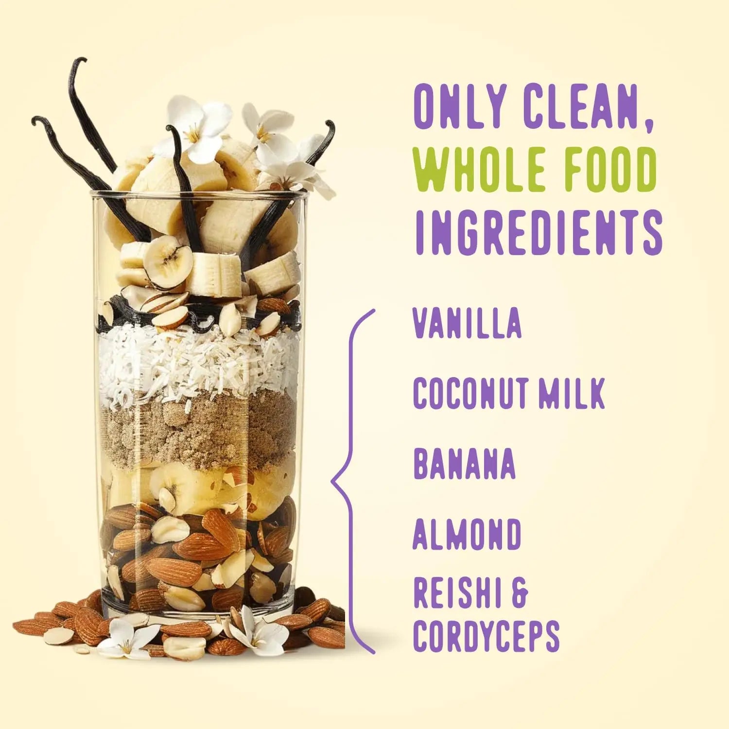 FlavCity Vegan Almond Protein Shake Powder, Vanilla Cream + Reishi & Cordyceps Mushrooms - Focus, Skin, Hair & Joint Support - Organic Fruit All in One Smoothie On-the-Go, 20 Servings FlavCity uk supplements