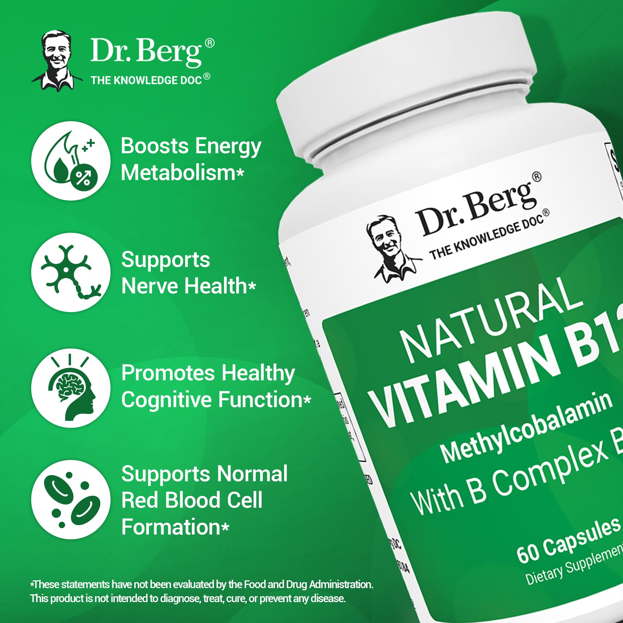 Dr. Berg Natural Vitamin B12 1000 mcg with B Complex Blend - Methylcobalamin B12 for Energy, Nerve Health, and Cognitive Function* - Methylated B12 with Folate - 60 Capsules (2-Month Supply) Dr. Berg Nutritionals uk supplements