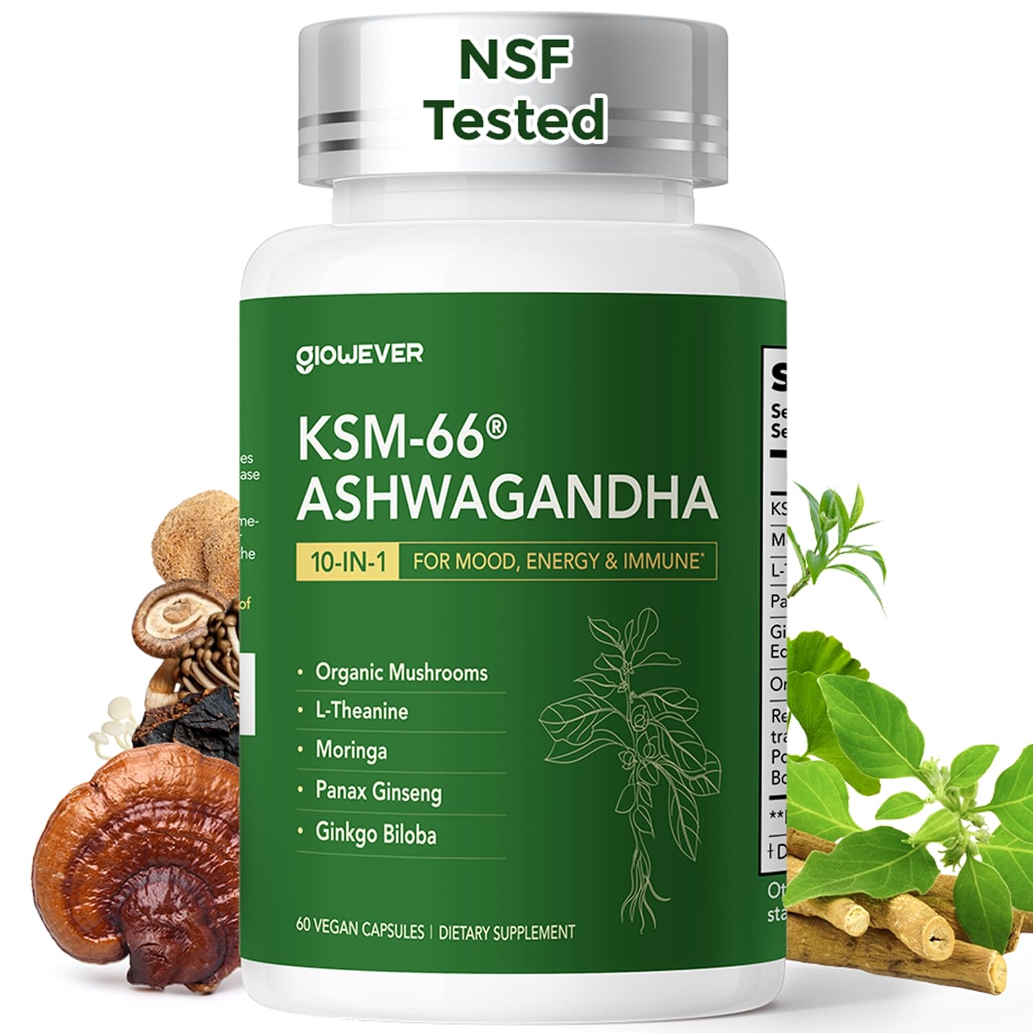 GlowEver KSM-66 Ashwagandha Supplements with L-Theanine Moringa Organic Mushrooms Complex Ginseng Ginkgo Biloba - Mood & Energy Support, Cortisol Manager, Immune Support, 60 Vegan Capsules GlowEver uk supplements