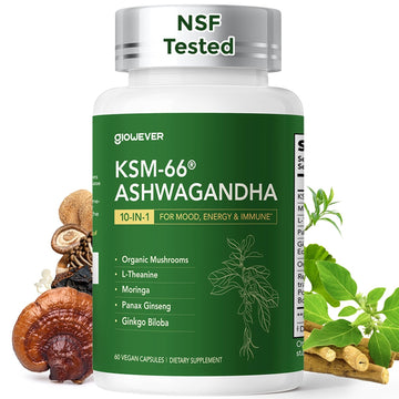GlowEver KSM-66 Ashwagandha Supplements with L-Theanine Moringa Organic Mushrooms Complex Ginseng Ginkgo Biloba - Mood & Energy Support, Cortisol Manager, Immune Support, 60 Vegan Capsules GlowEver uk supplements