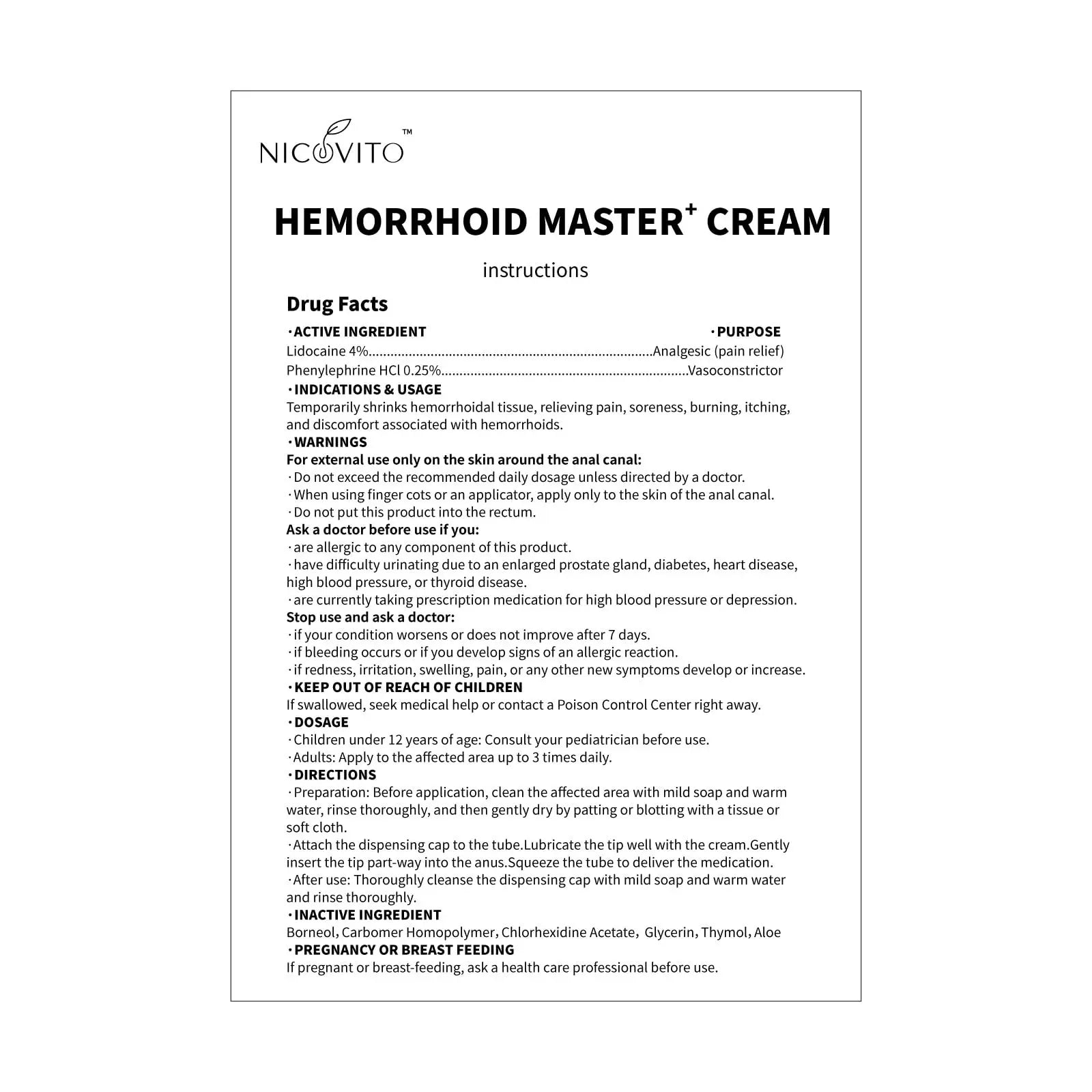 NICOVITO Hemorrhoid & Fissure Treatment Cream, 4% Lidocaine & Phenylephrine HCl Ointment, Maximum Strength Fast Relief for Pain, Itching & Swelling, External Use (0.7 oz) NICOVITO uk supplements