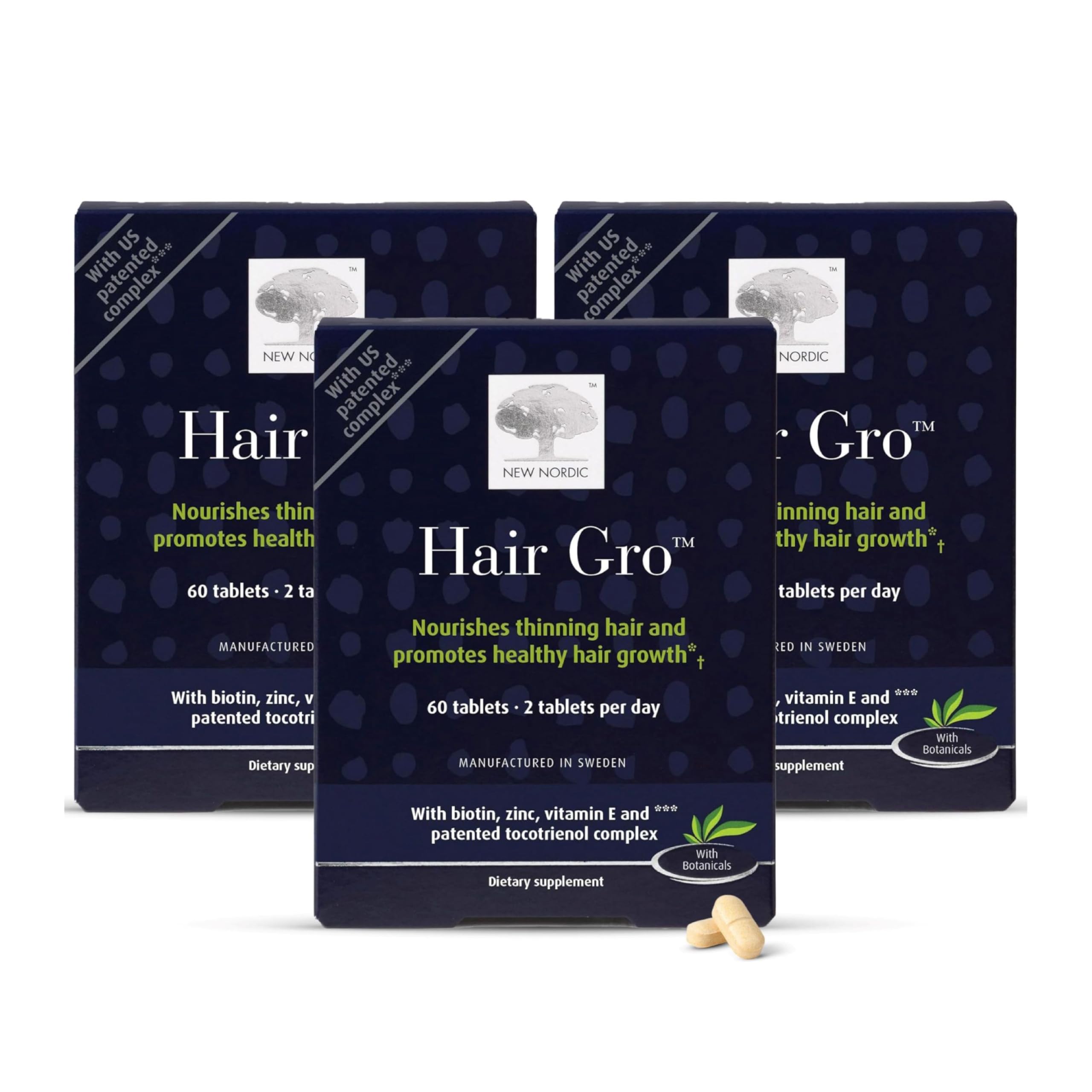NEW NORDIC Hair GRO, Hair Growth Supplement, Biotin & Palm Fruit Extract Tocotrienols for Natural Regrowth, 60 Count (Pack of 3) NEW NORDIC uk supplements
