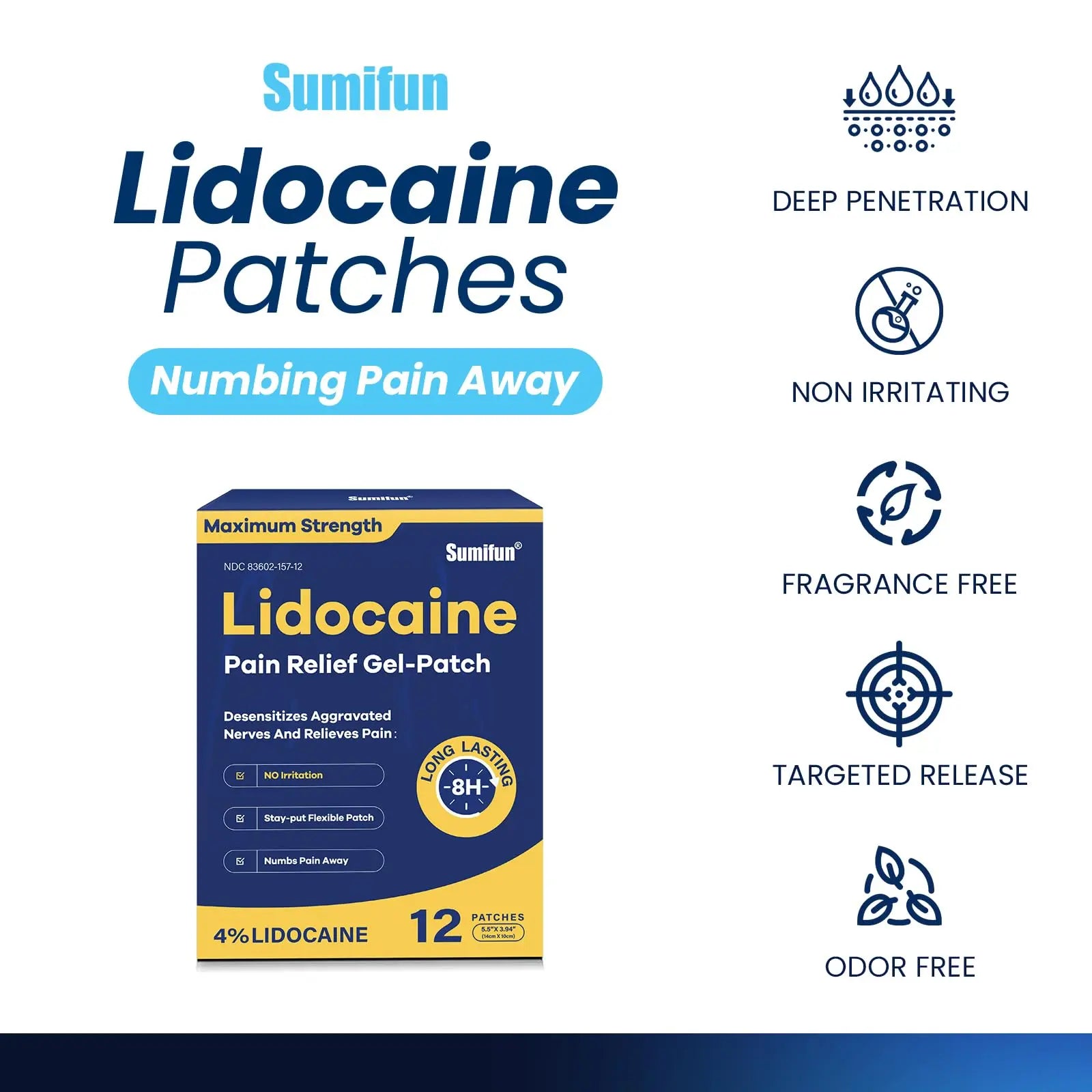 Sumifun 4% Lidocaine Patches Maximum Strength - 12 Count Pain Relieving Gel Patch for Muscle Soreness, Back Ache, Knee, Neck & Joint Pains - Topical Analgesic (Large, Count, 12) Sumifun uk supplements