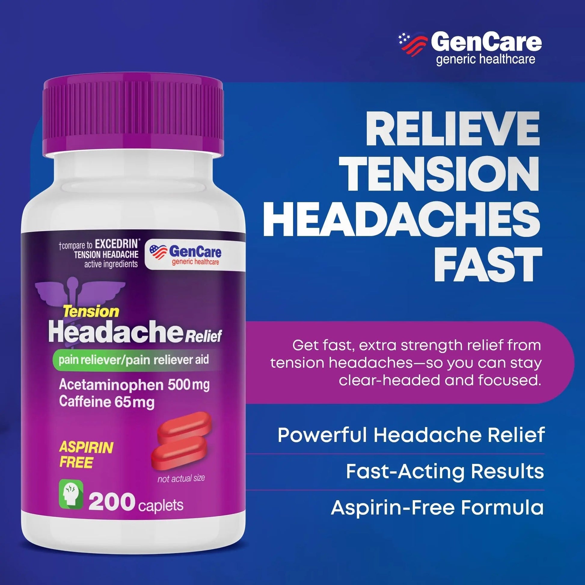 GenCare - Tension Headache Relief Pain Reliever with Acetaminophen 500 mg & Caffeine 65 mg (200 Caplets) Best Value Bulk Extra Strength for Head, Migraine, Joint Pain & Body Ache Relief Medicine GenCare uk supplements