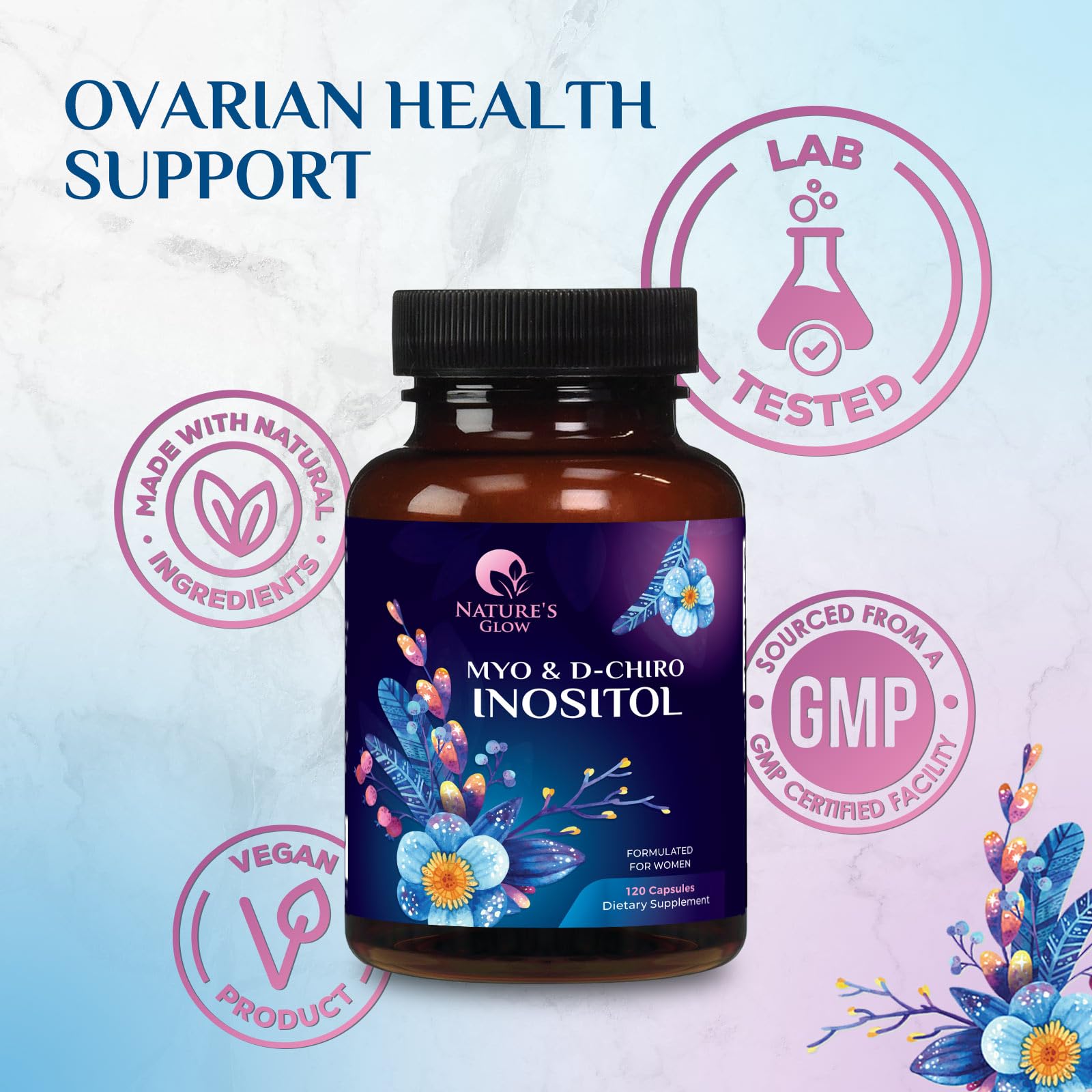 Myo-Inositol & D-Chiro Inositol 1025mg - 40:1 Ideal Ratio for Ovarian Support, Vegan Myo & D Chiro Supplement for Women's Natural Balance and Hormone Support, Vitamin B8, Non-GMO - 120 Capsules Nature's Glow uk supplements