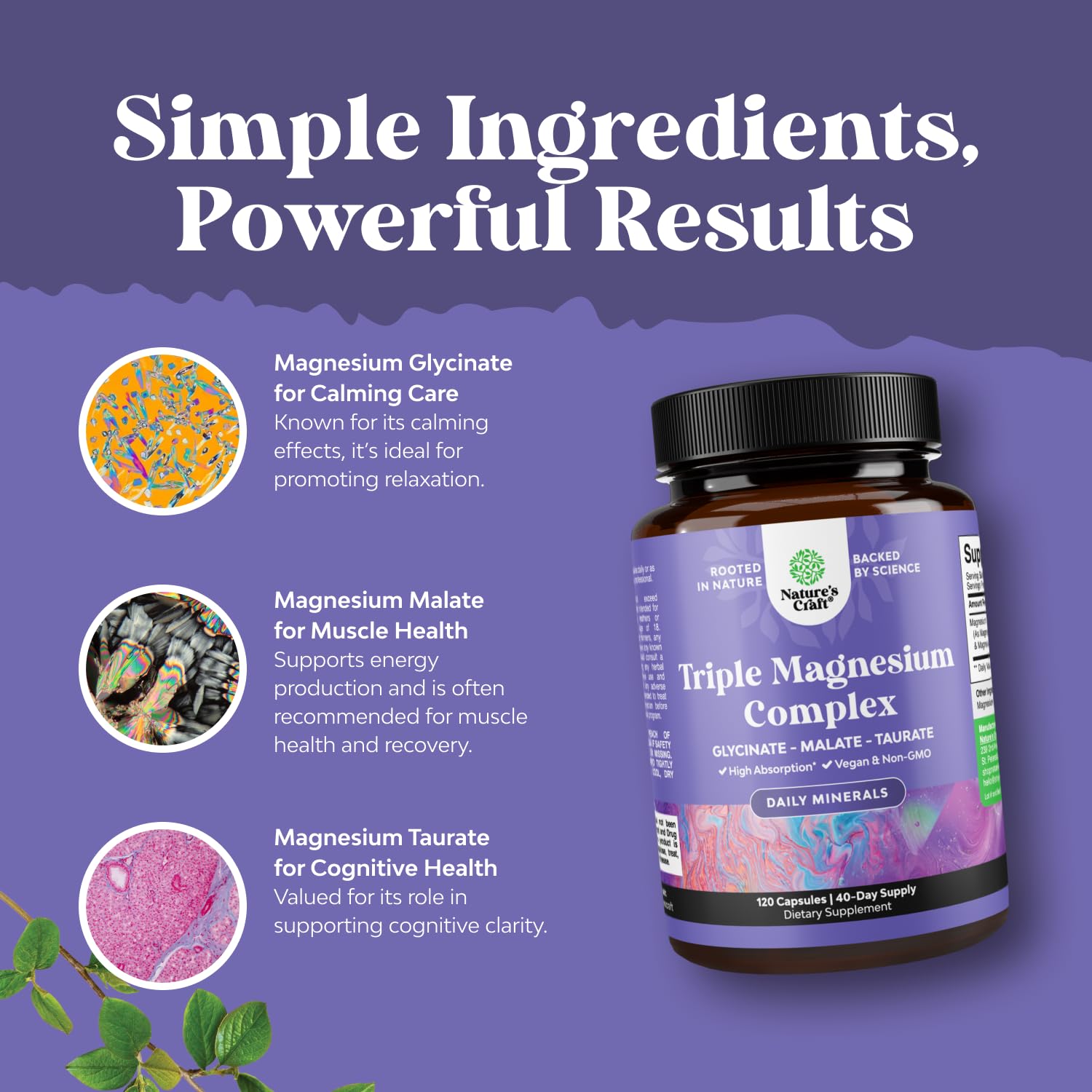 Triple Magnesium Complex Supplement - High Absorption Magnesium Glycinate, Malate & Taurate Blend for Muscles, Energy Support & Heart Health - Triple Mg Complex 400 mg Capsules - 120 Count Natures Craft uk supplements