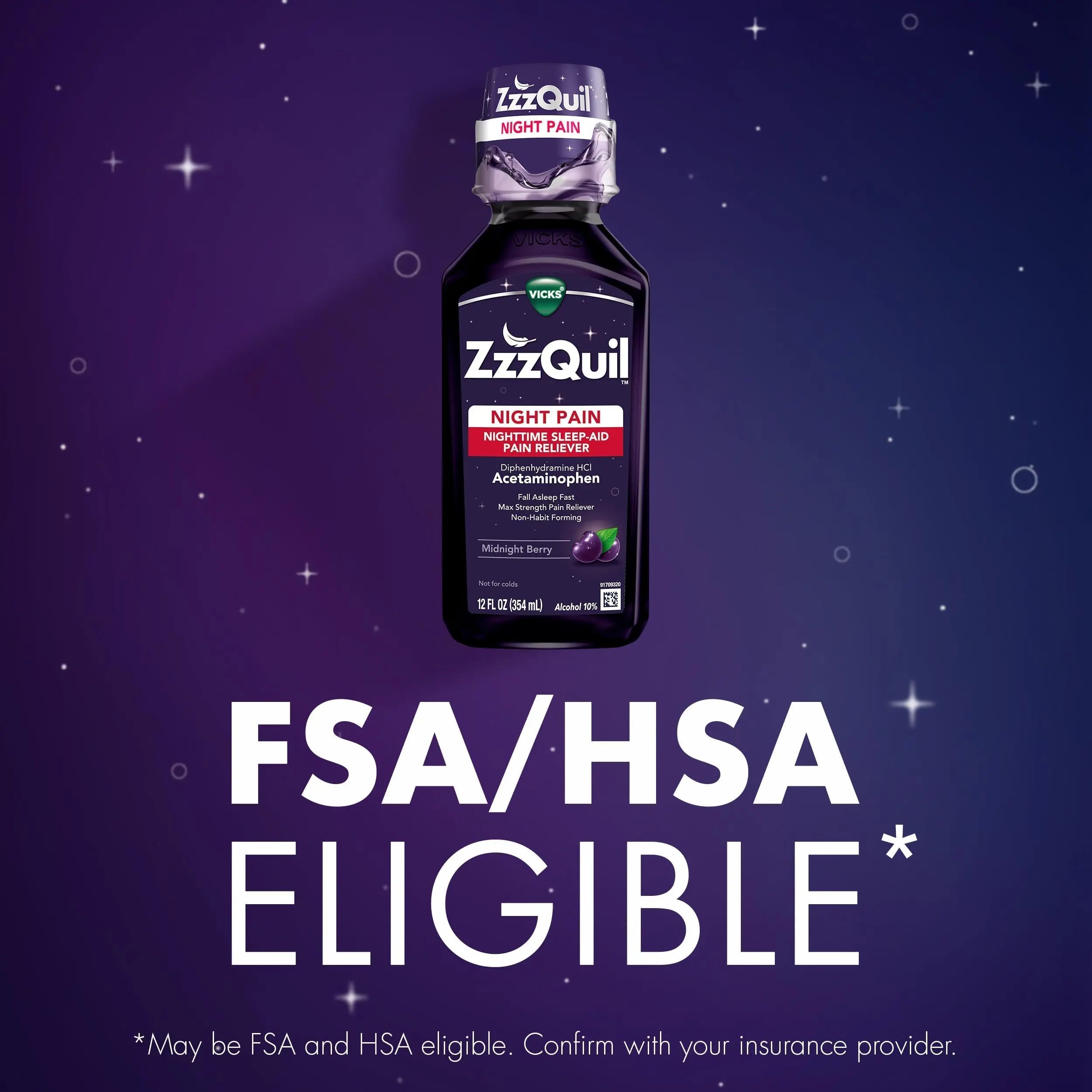 ZzzQuil Liquid, Max Strength Pain Reliever, Nighttime Sleep Aid Liquid, Acetaminophen 1000mg, Diphenhydramine 50mg HCI, Non-Habit Forming, Midnight Berry Flavored, 2 Pack, 24 FL OZ ZzzQuil uk supplements