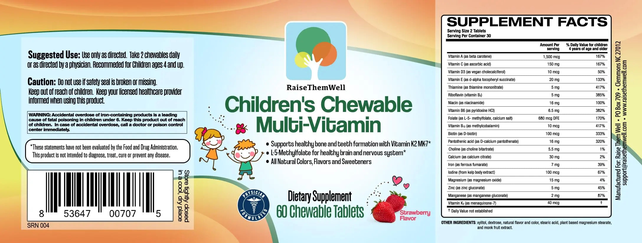 Raise Them Well Tasty Chewable Kids Multivitamin, All-Natural Colors, Flavors & Sweeteners, Daily Essential Vitamins for Children, Easy-to-Chew Vitamins, Strawberry Raise Them Well uk supplements