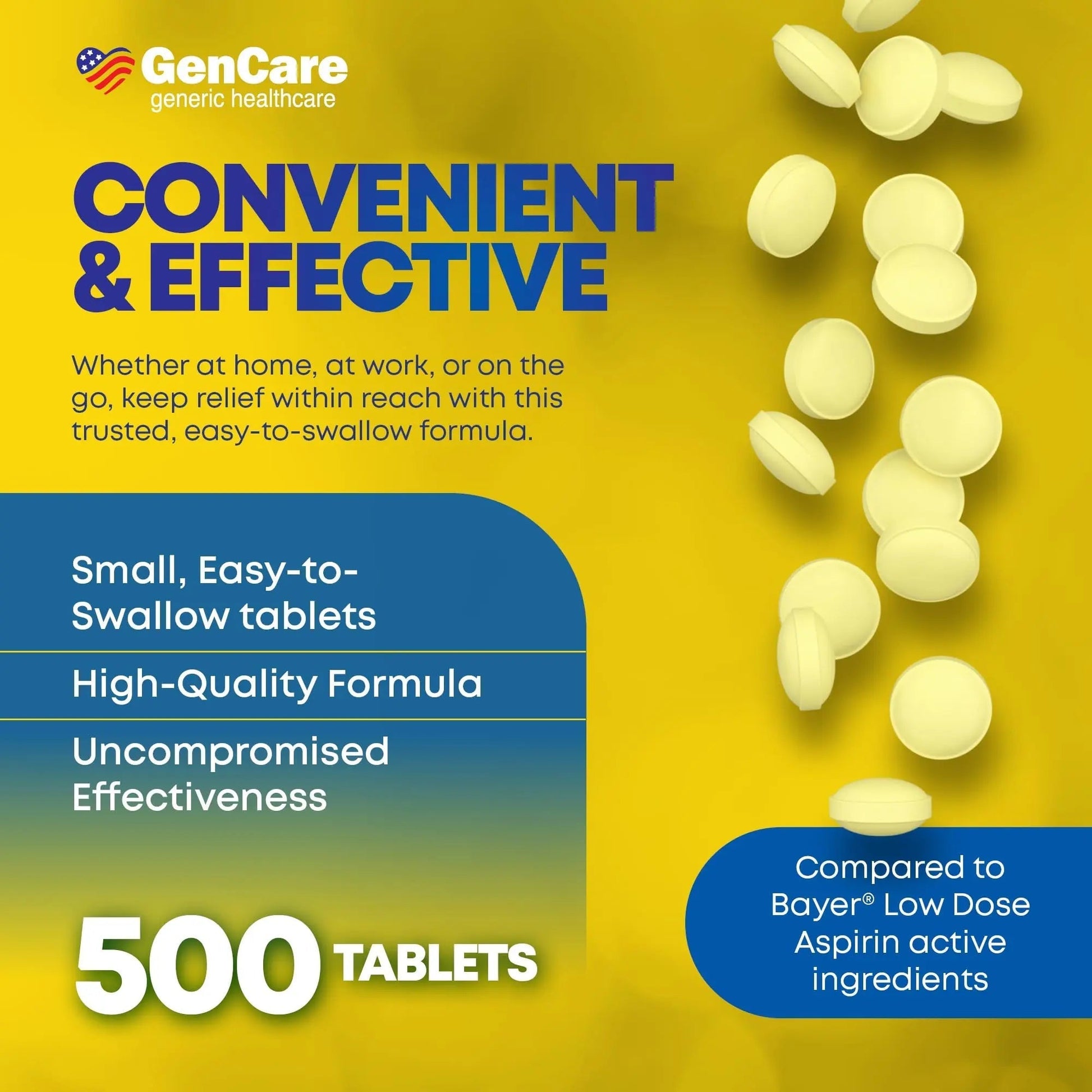 GenCare - Low Dose Aspirin 81mg for Adults Coated (NSAID) 500 Tablets | Adult Low Dose | Enteric Coated Aspirin Pills | Muscle Pain & Menstrual Pain Relief | Fever Reducer | Generic Bayer GenCare uk supplements