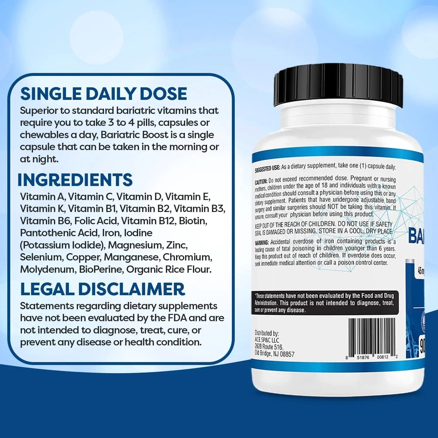 Bariatric Boost One-A-Day Multivitamin 90 Day Supply with 45mg Iron Post Gastric Bypass Sleeve Surgery | Non-GMO, Gluten Free, Bariatric Multivitamin Made in USA | ACE NUTRITION uk supplements