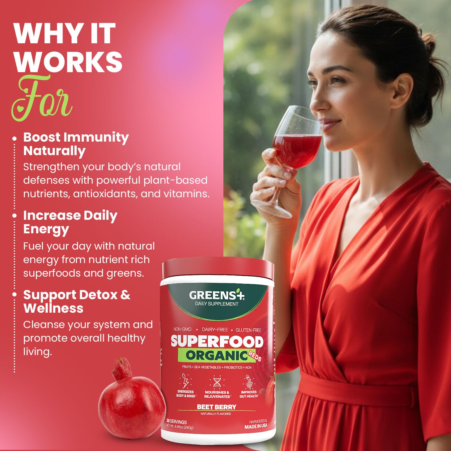 Greens+ Organic Reds Superfood Powder, Antioxidant, Polyphenol, Blend for Morning Kick, Energy, Vitality Boost, Nutrition, Vibrant Health, Vegan Soy/Dairy/Gluten Free(8.46oz) Greens+ uk supplements