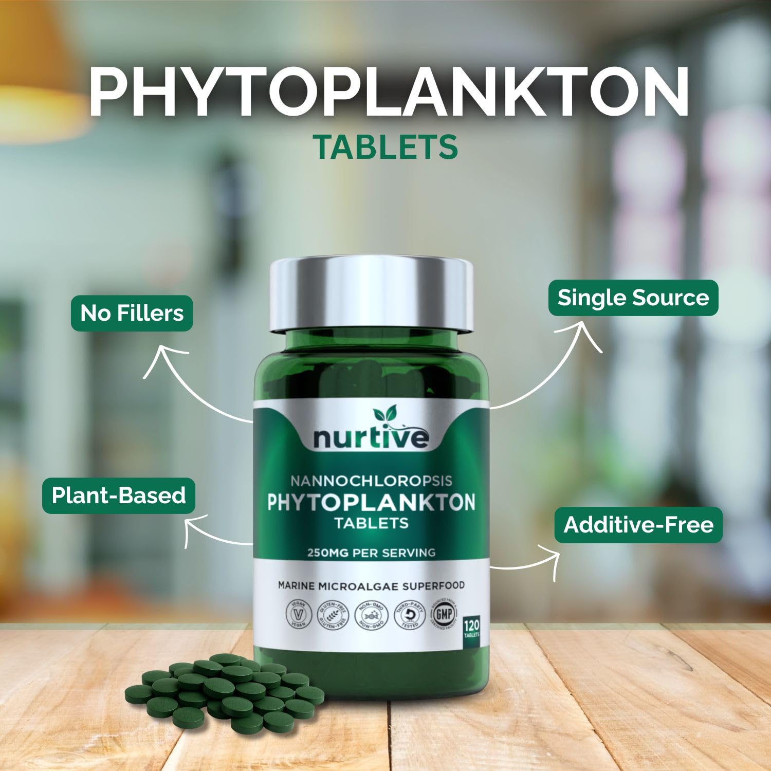 NURTIVE Nannochloropsis Phytoplankton Tablets – 250mg per Serving – Vegan, Gluten-Free, Non-GMO, No Fillers – Third-Party Tested, GMP Certified – 2 Tablets/Day for 2 Month, 120 Tablets/Bottle NURTIVE uk supplements