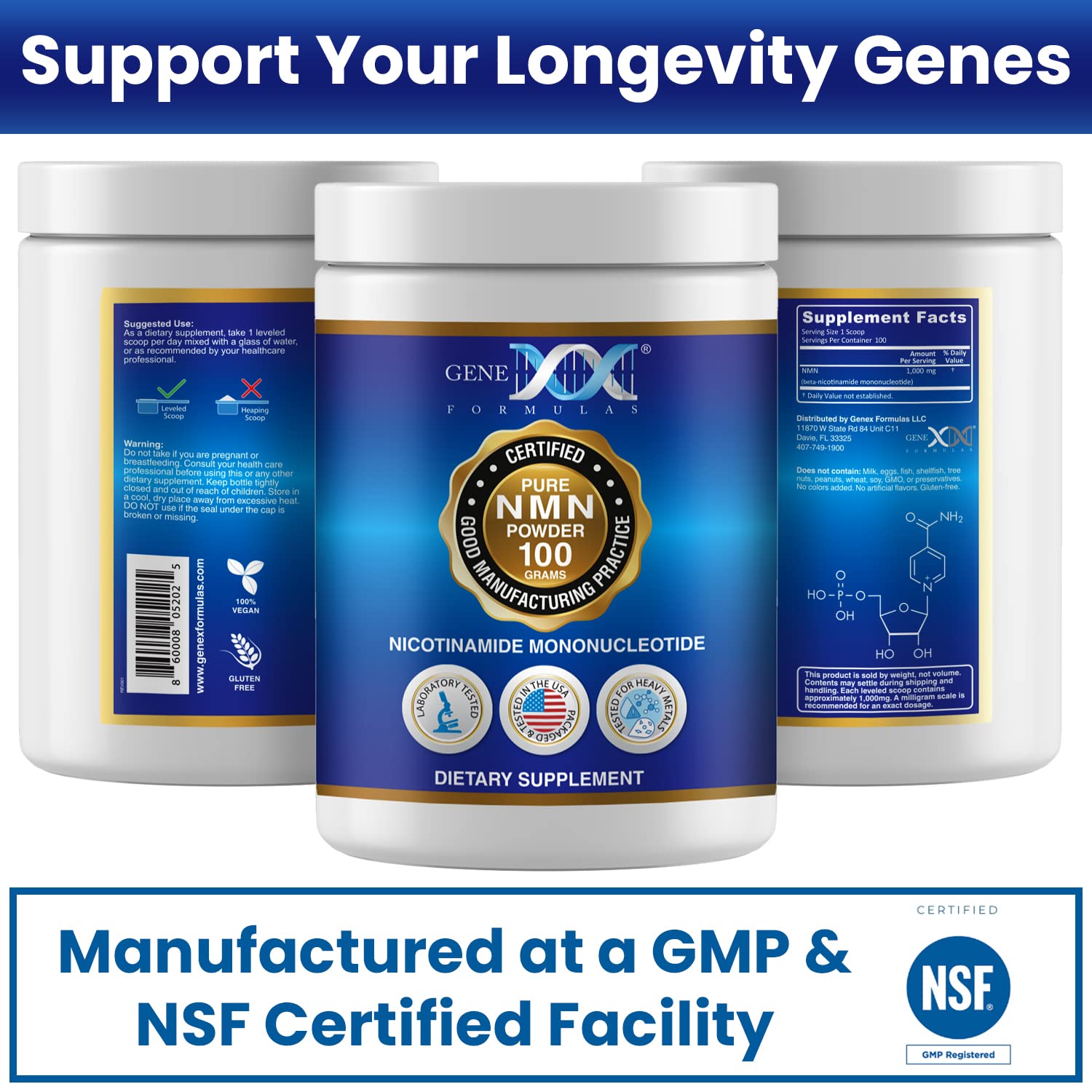Genex Formulas Pure NMN Powder 100 Grams, Instant Dissolve, Shelf Stable, Non-Synthetic, PVP Free, Ultra-Low Density, 99.9% Pure NMN, Made in a US-Based, GMP, NSF & FSSC 22000 Certified Facility Genex Formulas uk supplements