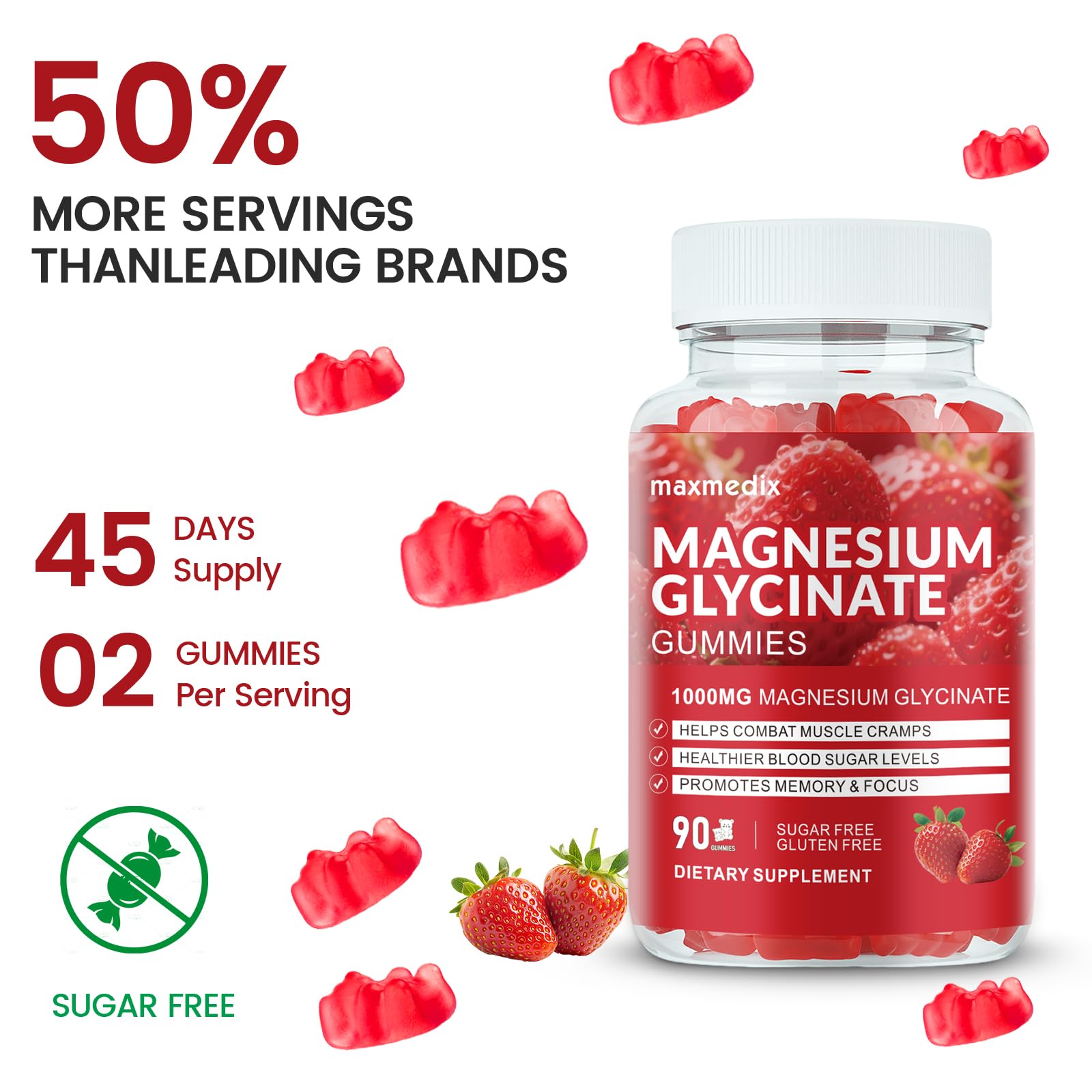 Magnesium Glycinate Gummies 1000mg, Sugar Free Magnesium Potassium Supplements Chewable for Adults with L-Threonate for Sleep, Body Support and Relaxation,90 Strawberry Gummies maxmedix uk supplements