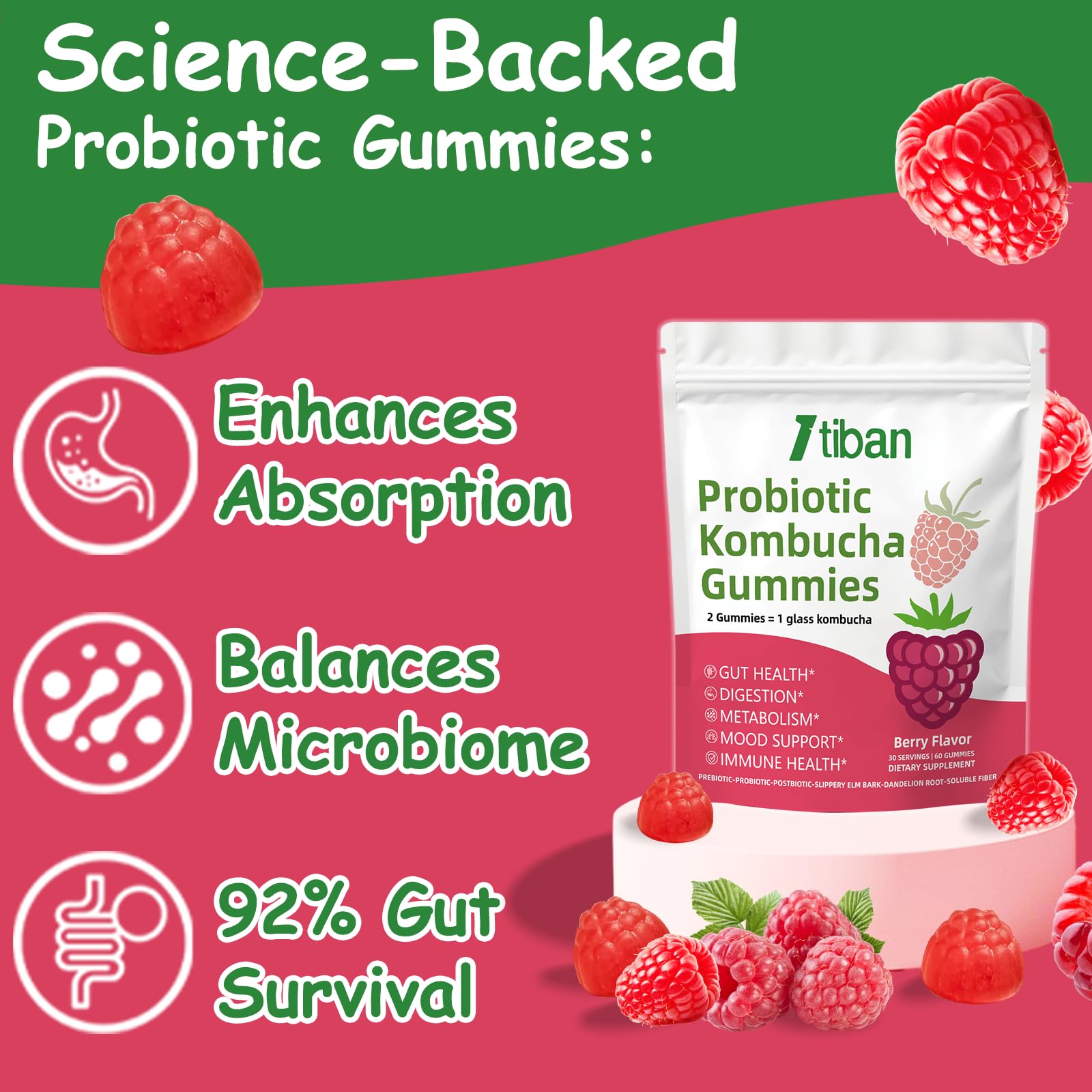 Itiban Probiotic Kombucha Gummy - Prebiotics, Probiotics, Postbiotics, Fiber Supplement, Slippery Elm for Bloating, Gut Health, Women and Men, 60ct Itiban uk supplements