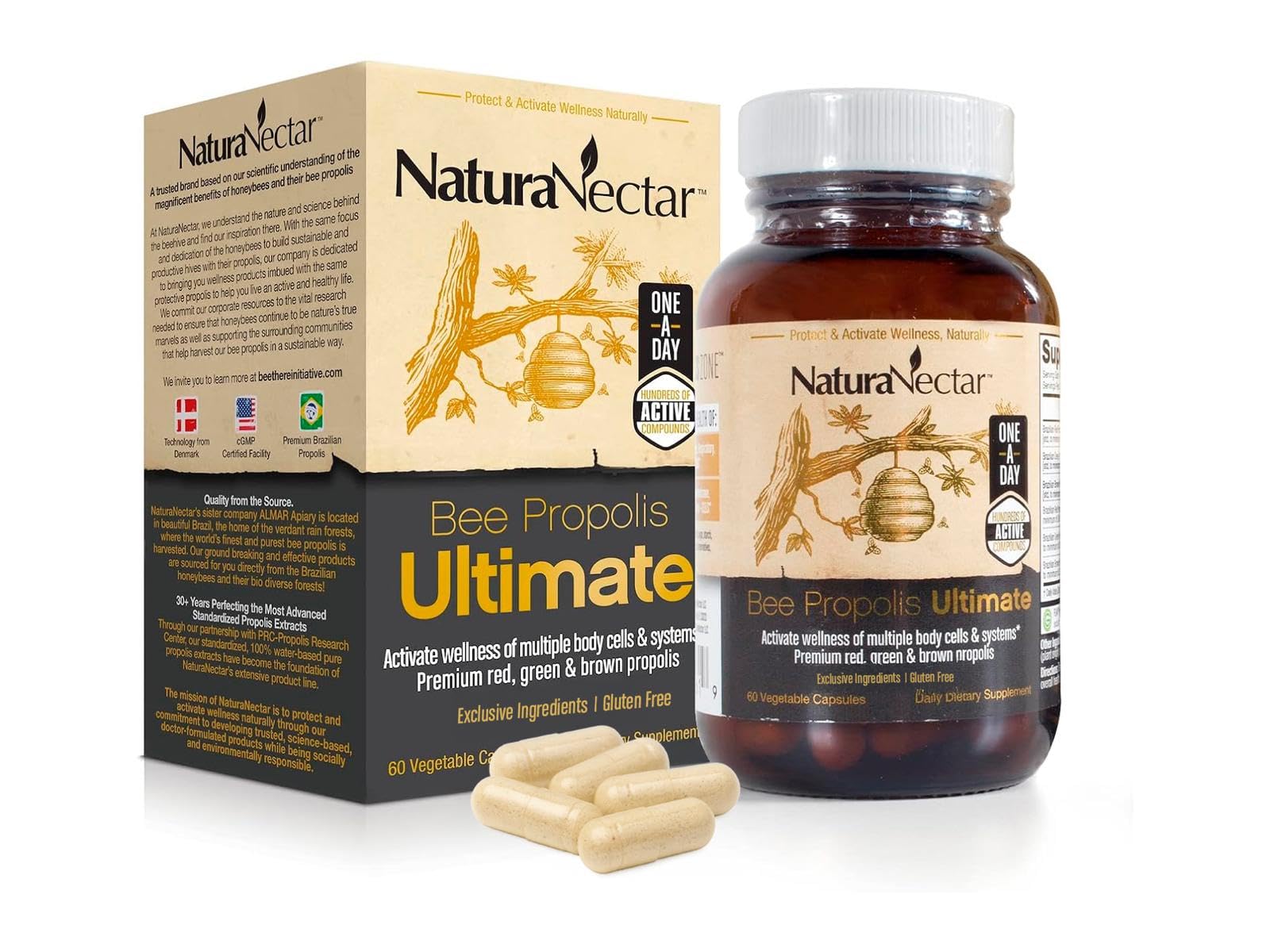 NaturaNectar - Ultimate Bee Propolis Capsules - NSF Contents Certified -Brazilian Red, Brown, & Green - Gluten-Free Supplement with Flavonoids - Naturally Sourced Through Ethical Beekeeping (60pcs.) NaturaNectar uk supplements