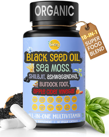 Siraj 18-in-1 Superfood Multivitamin - Irish Sea Moss, Black Seed Oil, Shilajit, Ashwagandha, 5% Thymoquinone, Burdock Root, Nootropic Supplement for Immunity, Focus, Energy and Mood - 60 Capsules Siraj uk supplements