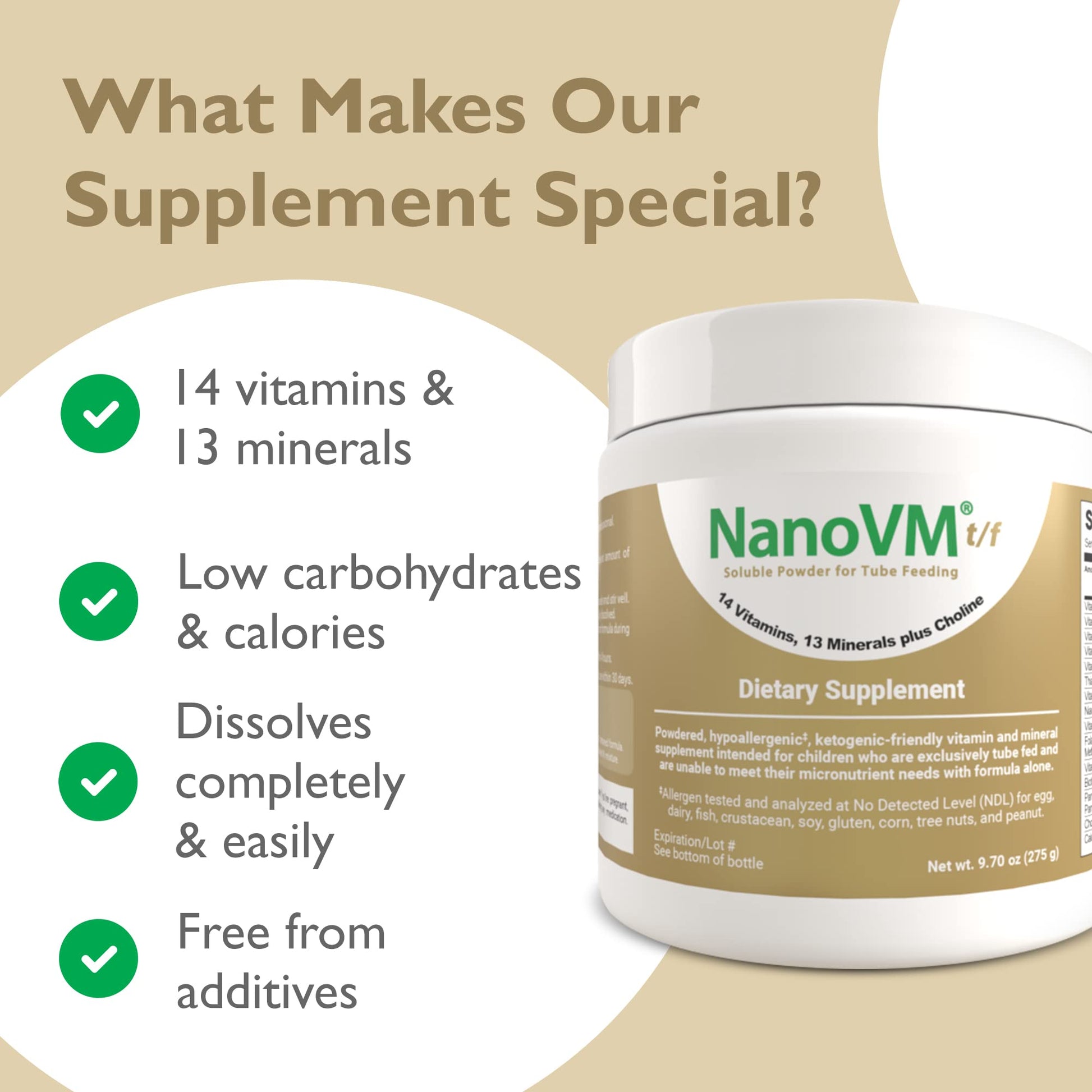 NanoVM t/f, Dietary Supplement for Tube Feeding, Allergen-Free Kids Multivitamin, Unflavored Vitamin Powder with 14 Vitamins & 13 Minerals, Low-Carb Kids Vitamins, 275g - Solace Nutrition NanoVM uk supplements