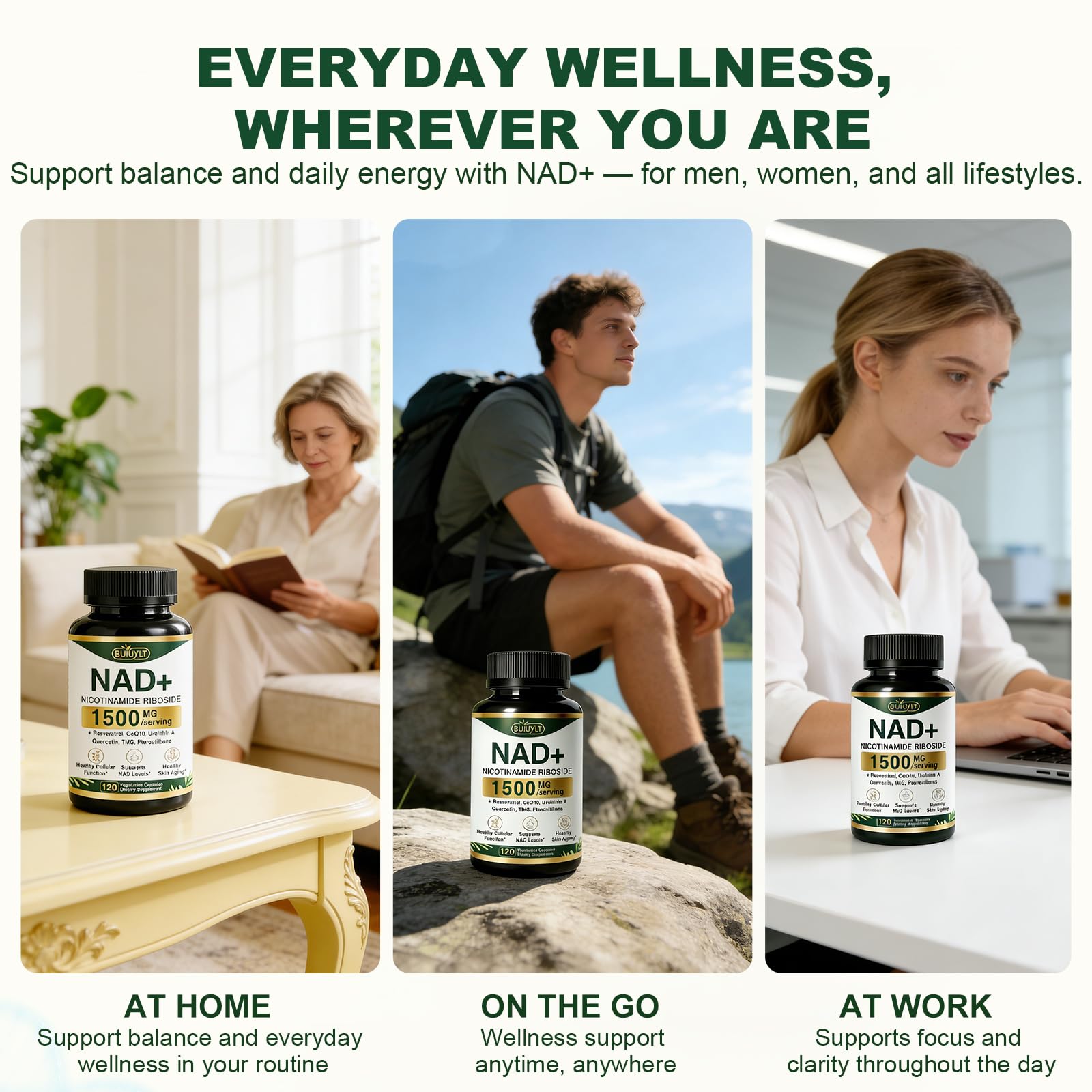 BUIUYLT NAD+ Supplement 1500mg, NR NMN Replacement with Resveratrol, Urolithin A, CoQ10 & Quercetin for Cellular Energy, Healthy Aging & Stamina for Women & Men - 120 Capsules BUIUYLT uk supplements