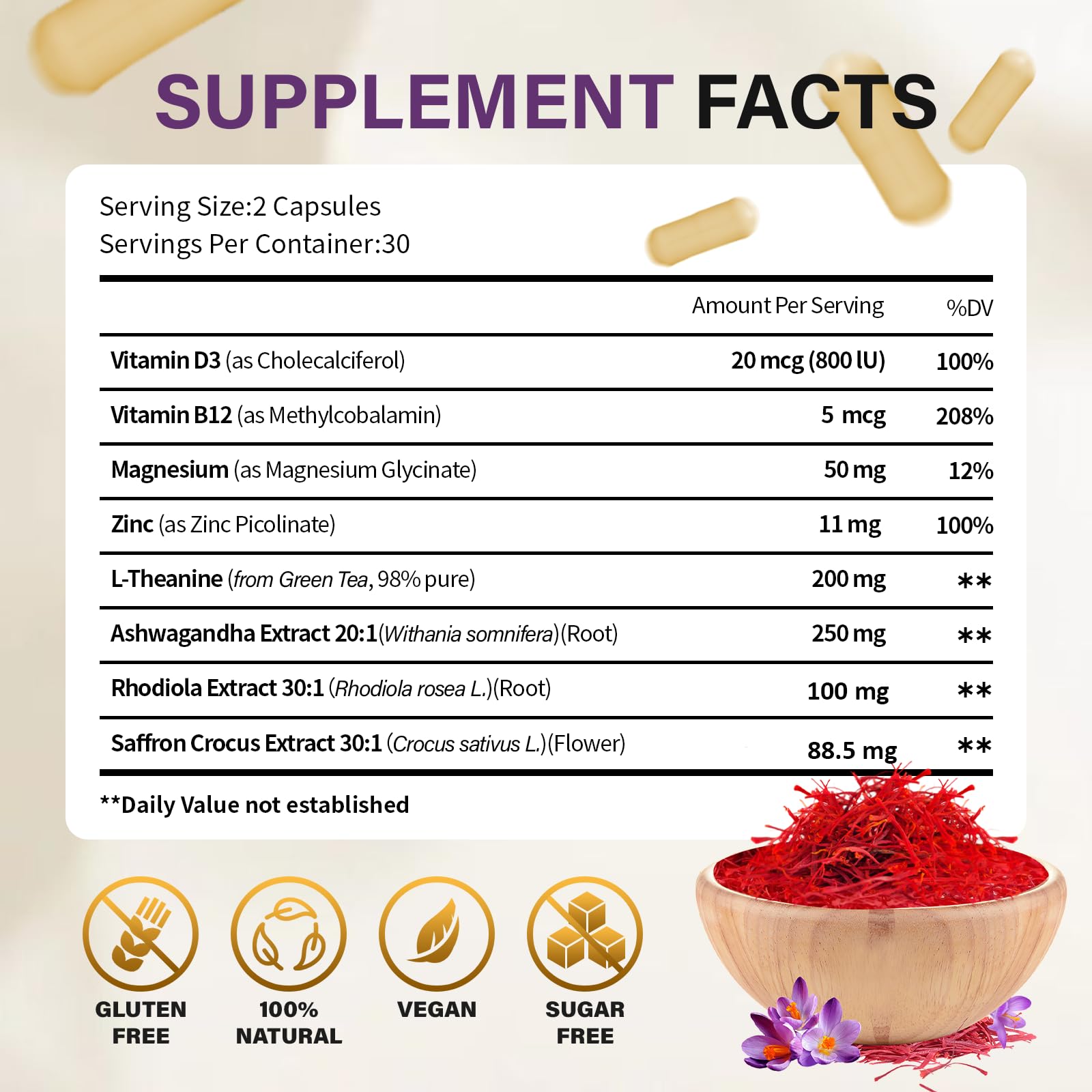 Theronika Aly Saffron Supplements – Blend with Ashwagandha, Safron, Rhodiola, Magnesium, L-Theanine, Zinc & B12, 88.5 mg Pure Saffron Extract Capsules Mood, Energy, Vision & Focus – 60 Vegan Capsules Theronika Aly uk supplements