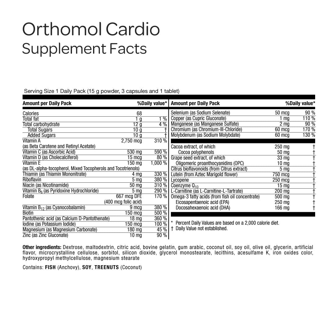 Orthomol Cardio, Heart Health Supplements for Circulation & Vascular Support, Omega-3, Magnesium, Cocoa Polyphenols & B Vitamins, Supports Cardiovascular Health, 30-Day Supply, Powder+Tablets+Capsules Orthomol uk supplements