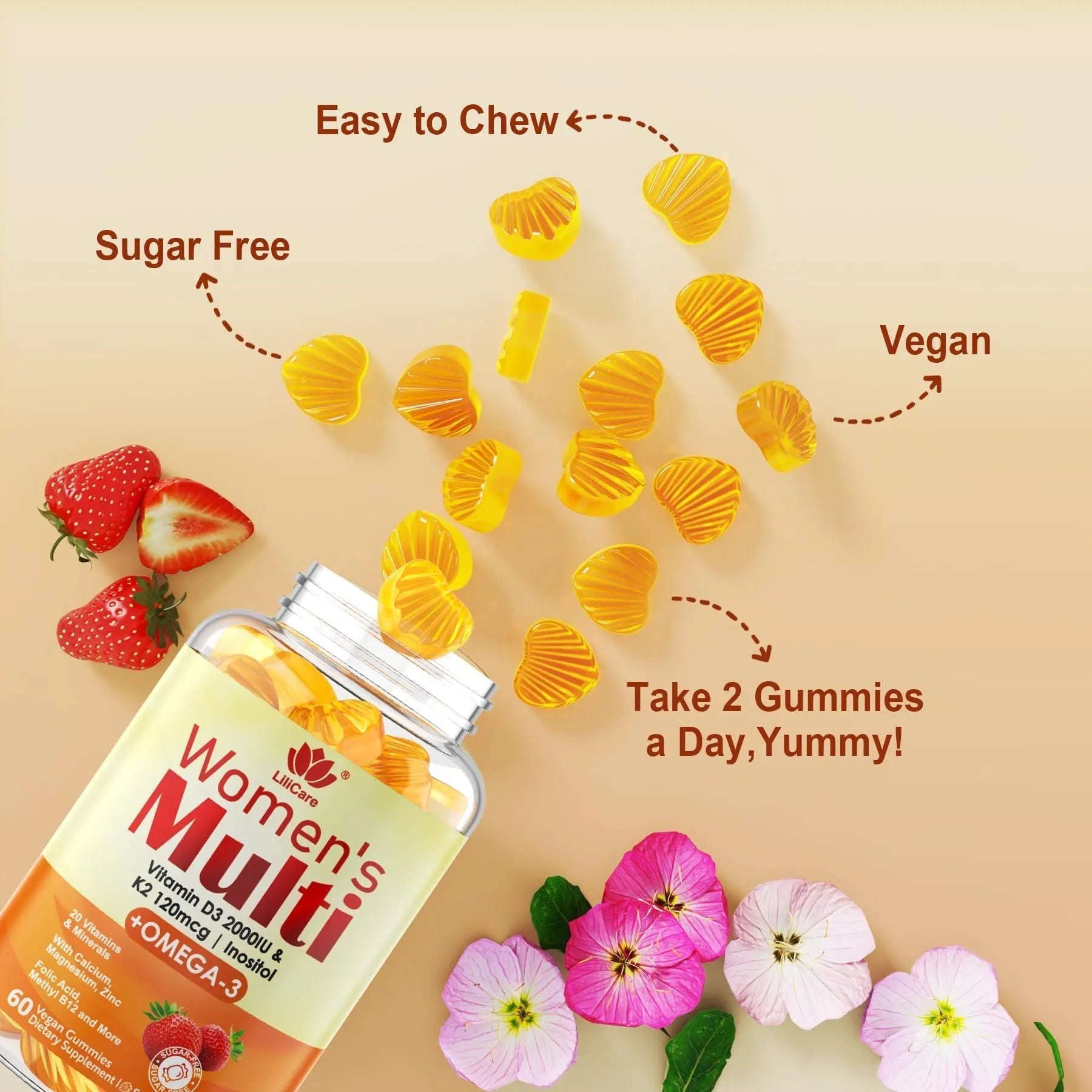 Womens Multivitamin Gummy with Omega 3（DHA/EPA), Vitamin D3 K2, Calcium, Inositol, Daily Womens Vitamin A C E B Complex LILICARE uk supplements