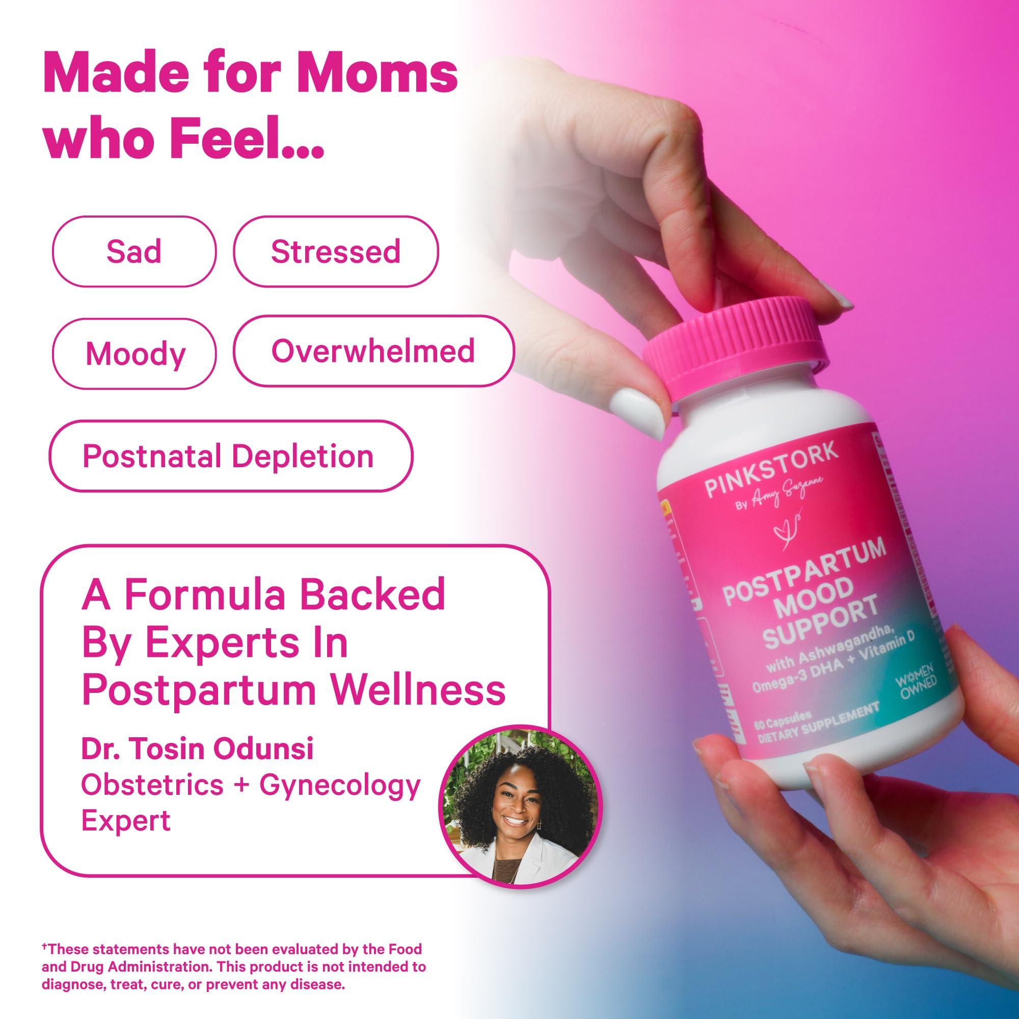 Pink Stork Postpartum Mood Support - Postnatal Hormone Balance for Women - Breastfeeding Friendly - Stress & Cognitive Support, New Mom Essentials - Ashwagandha, Chamomile, & Vitamin D, 60 Capsules Pink Stork uk supplements