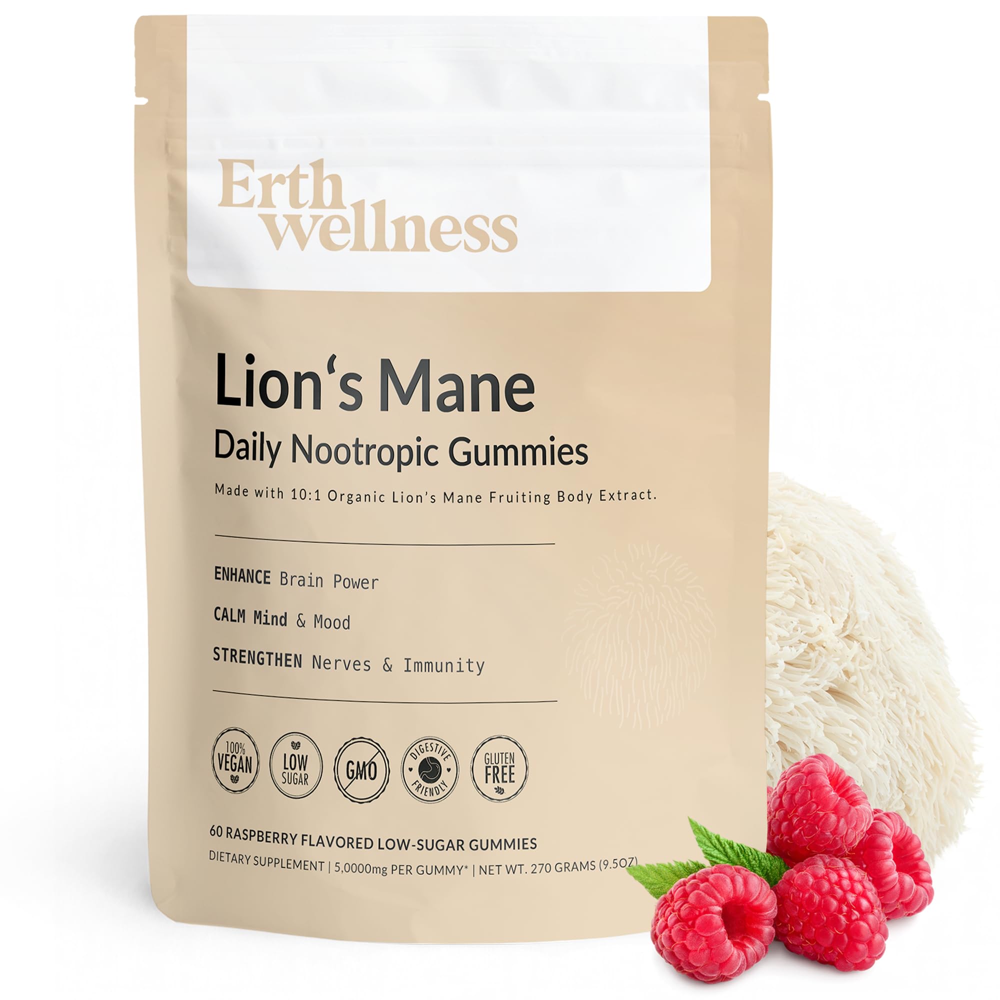 Erth Wellness Lion’s Mane Mushroom Gummies – 10,000mg Fruiting Body Extract per Serving – Brain & Focus Support – Daily Nootropic – Vegan, Low Sugar, Non-GMO – 60 Ct Erth Wellness uk supplements