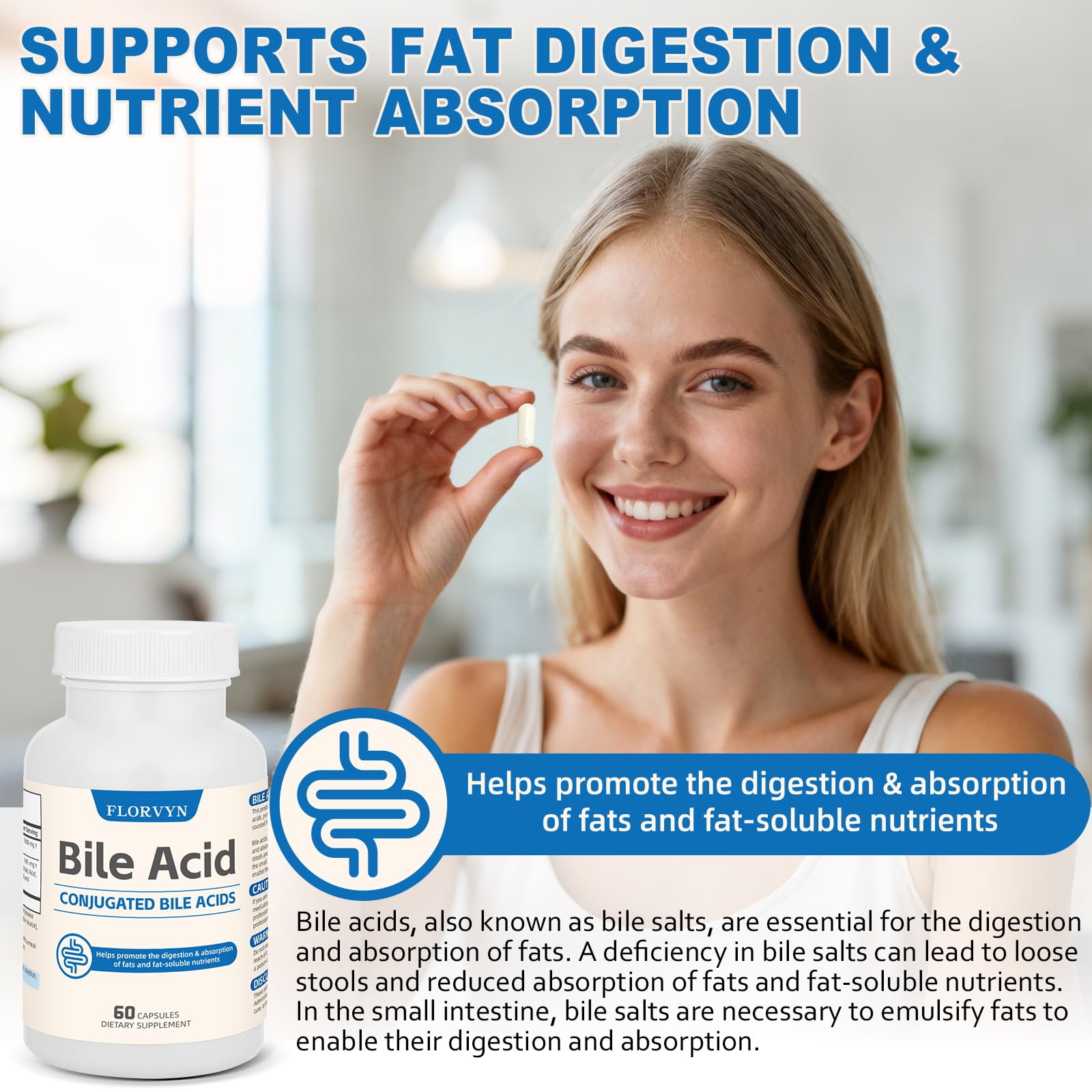 Florvyn Conjugated Bile Acid Supplement 1000mg – Supports Fat Digestion & Absorption of Fats & Fat-Soluble Nutrients, Gut Comfort & Nutrient Utilization, 60 Capsules, 30 Day Supply Florvyn uk supplements