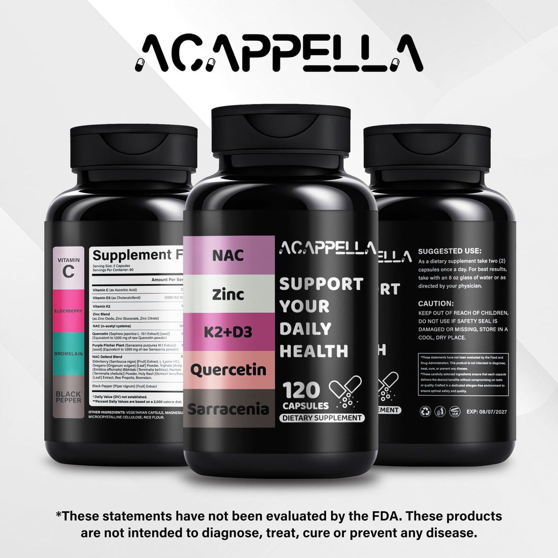 ACAPPELLA N-Acetyl Cysteine Vitamin D3 K2 Zinc Quercetin Sarracenia Purpurea NAC Supplement with Elderberry Holy Basil Bee Propolis Bromelain L-Lysin for Men & Women (1) ACAPPELLA uk supplements