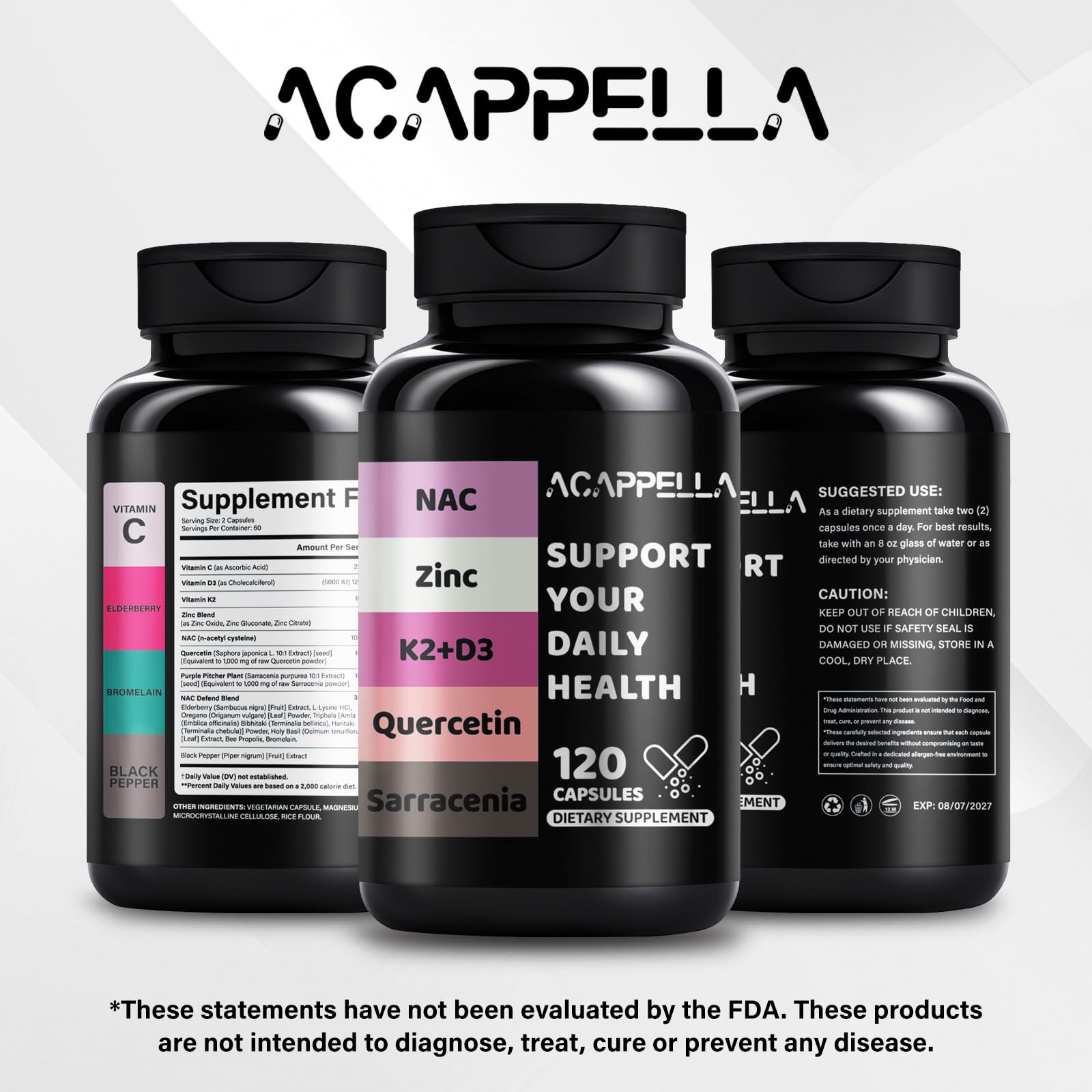 ACAPPELLA N-Acetyl Cysteine Vitamin D3 K2 Zinc Quercetin Sarracenia Purpurea NAC Supplement with Elderberry Holy Basil Bee Propolis Bromelain L-Lysin for Men & Women (1) ACAPPELLA uk supplements