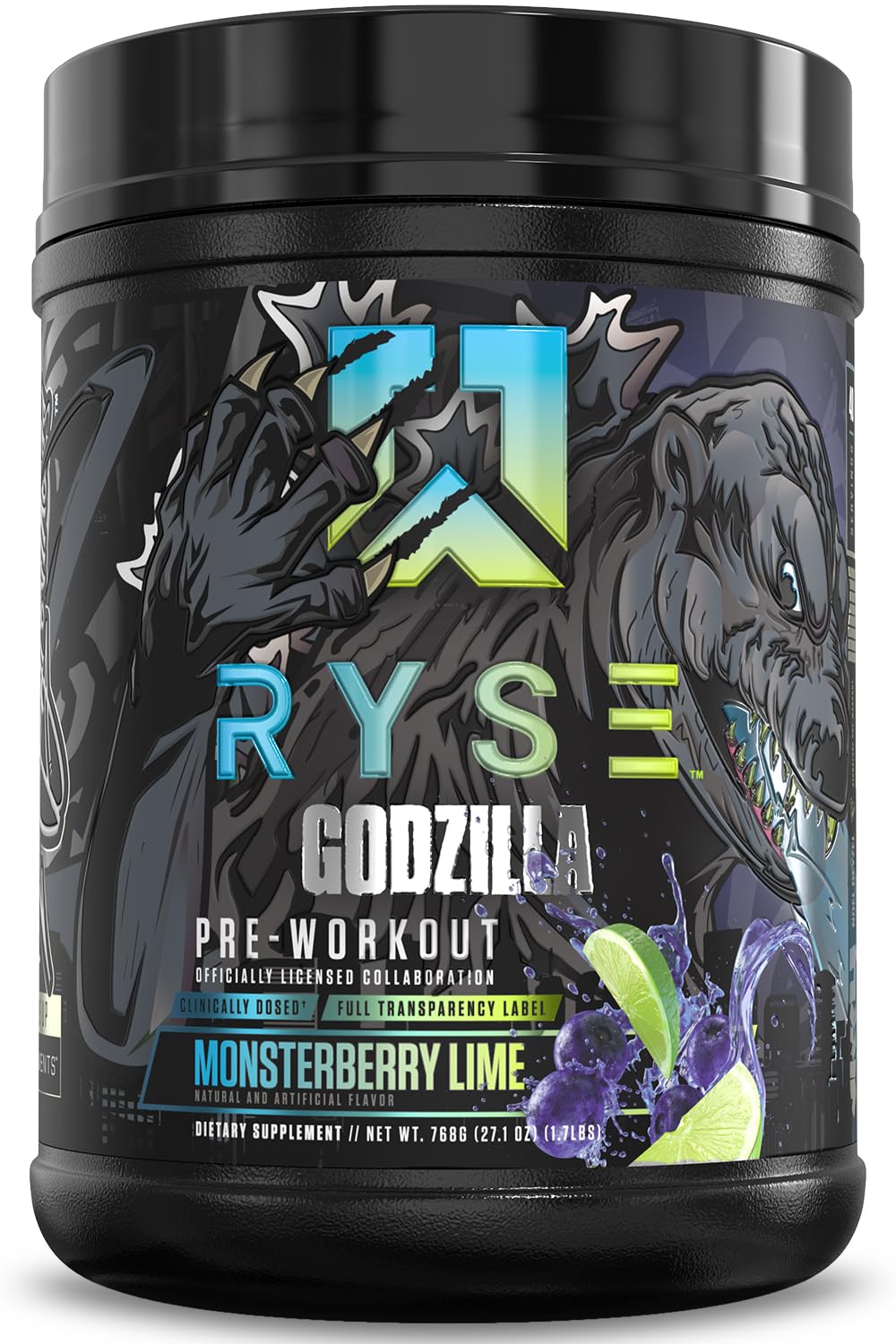 RYSE Godzilla X Noel Deyzel Pre Workout Powder - Monsterberry Lime - 400mg Caffeine, High Stim Pre-Workout for Men & Women with Citrulline & Beta Alanine - Energy, Pump & Focus - 20/40 Servings RYSE Up Supplements uk supplements