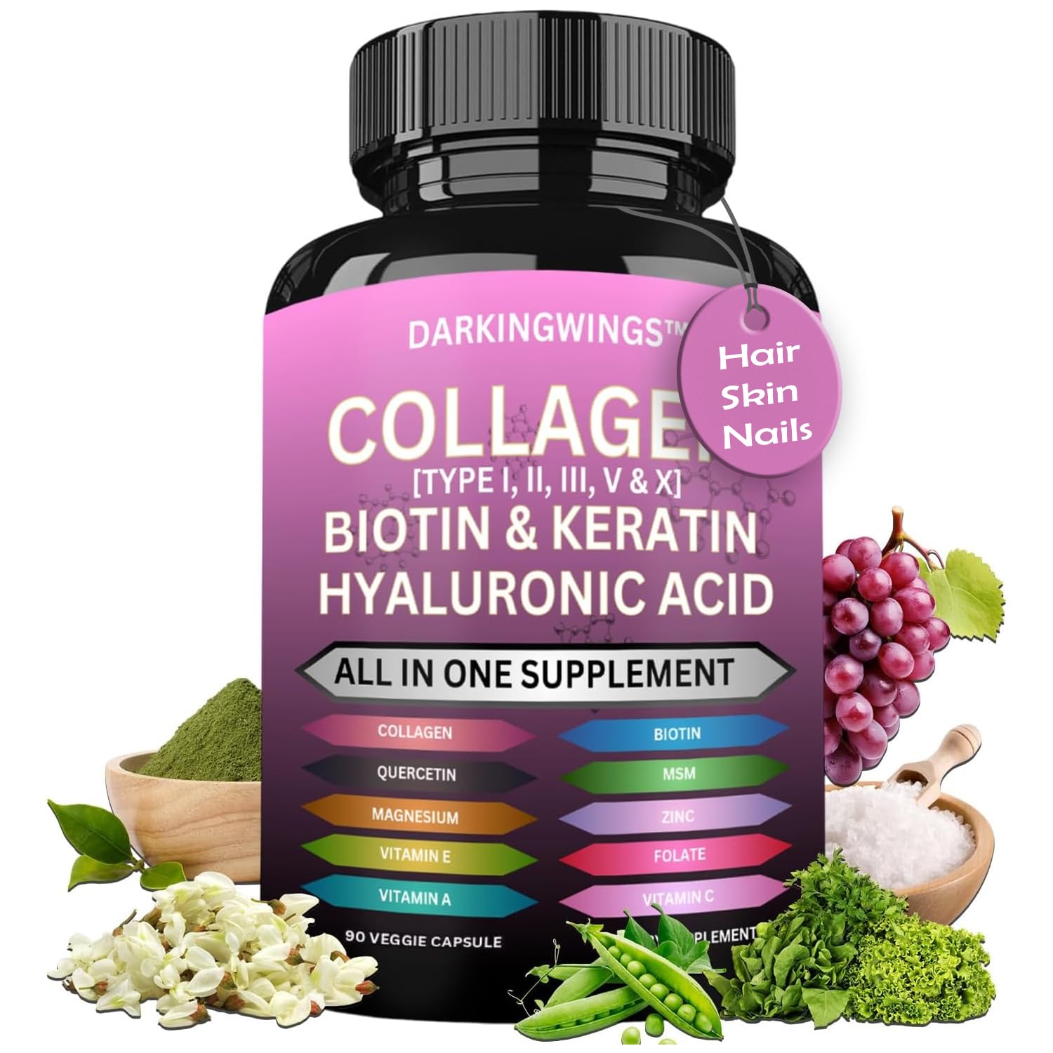 Multi Collagen Pills Peptides Types I, II, III, V & X MCG Biotin Keratin Hyaluronic Acid MSM Vitamin C Zinc Magnesium with Grape Seed Extract, Quercetin - Hair Skin and Nails Vitamins Capsule Darkingwings uk supplements