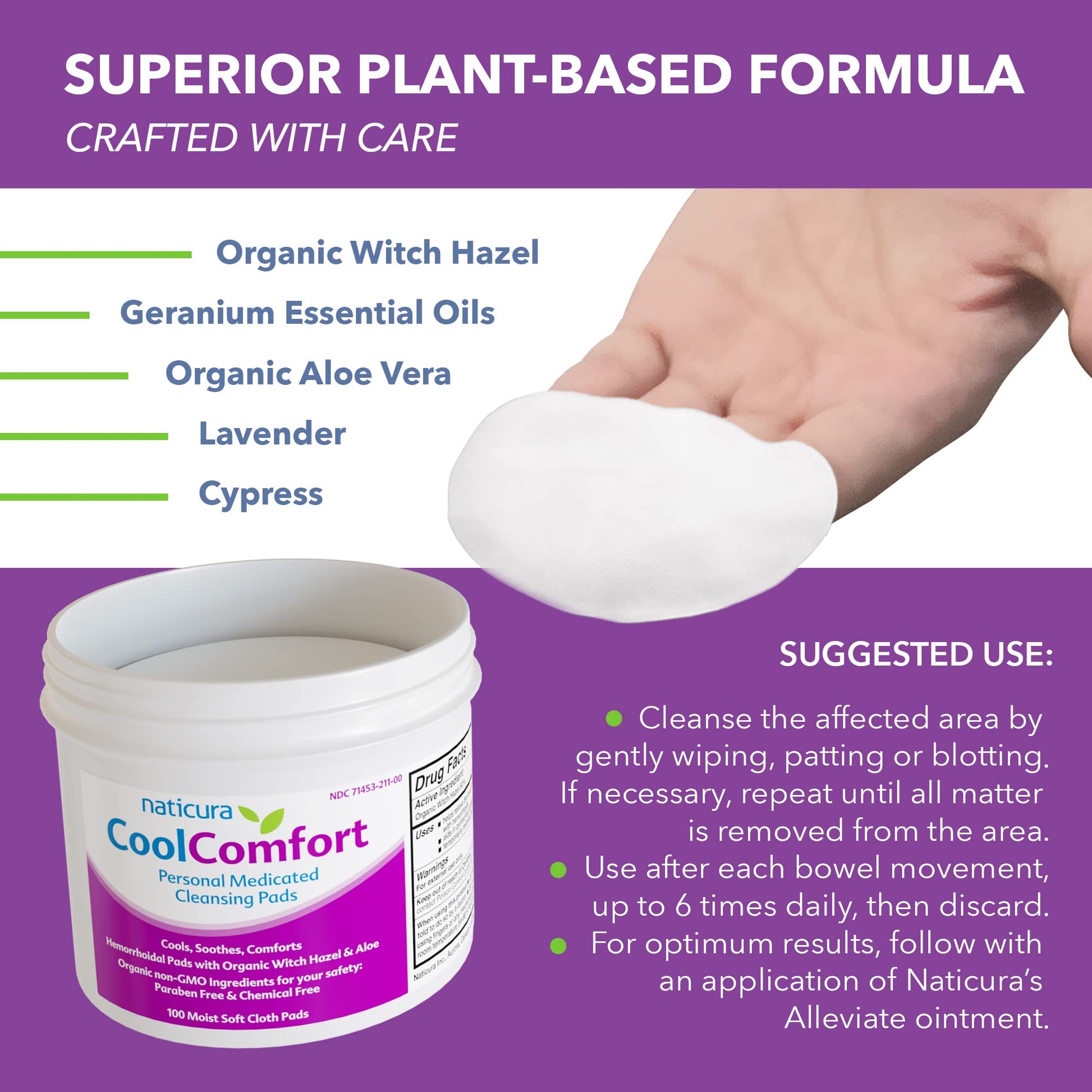 CoolComfort Personal Cleansing Pads with Organic Witch Hazel and Aloe Vera - All Natural and Fast Acting Wipes for Hemorrhoid Burning, Itching, Pain and Swelling - 100 Pads - No Parabens - Made in USA Naticura uk supplements
