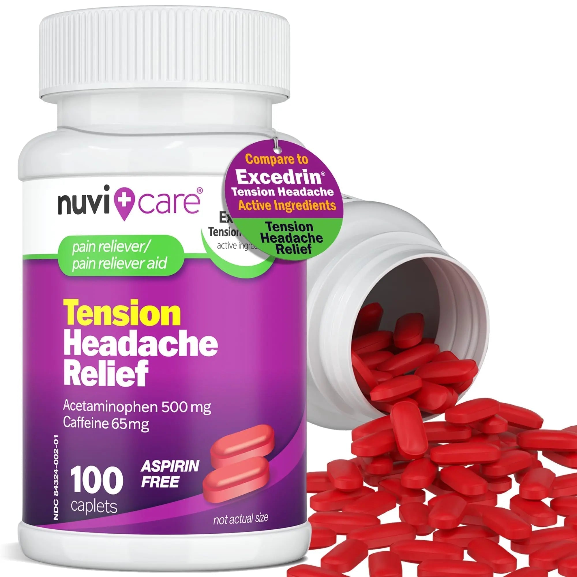 Nuvicare Tension Headache Relief Pills with 500mg Acetaminophen and 65mg Caffeine - Non Aspirin Pain Reliever Aid - Compare to Active Ingredient in Aspirin Free Excedrin Tension Headache (100 Caplets) NUVICARE uk supplements