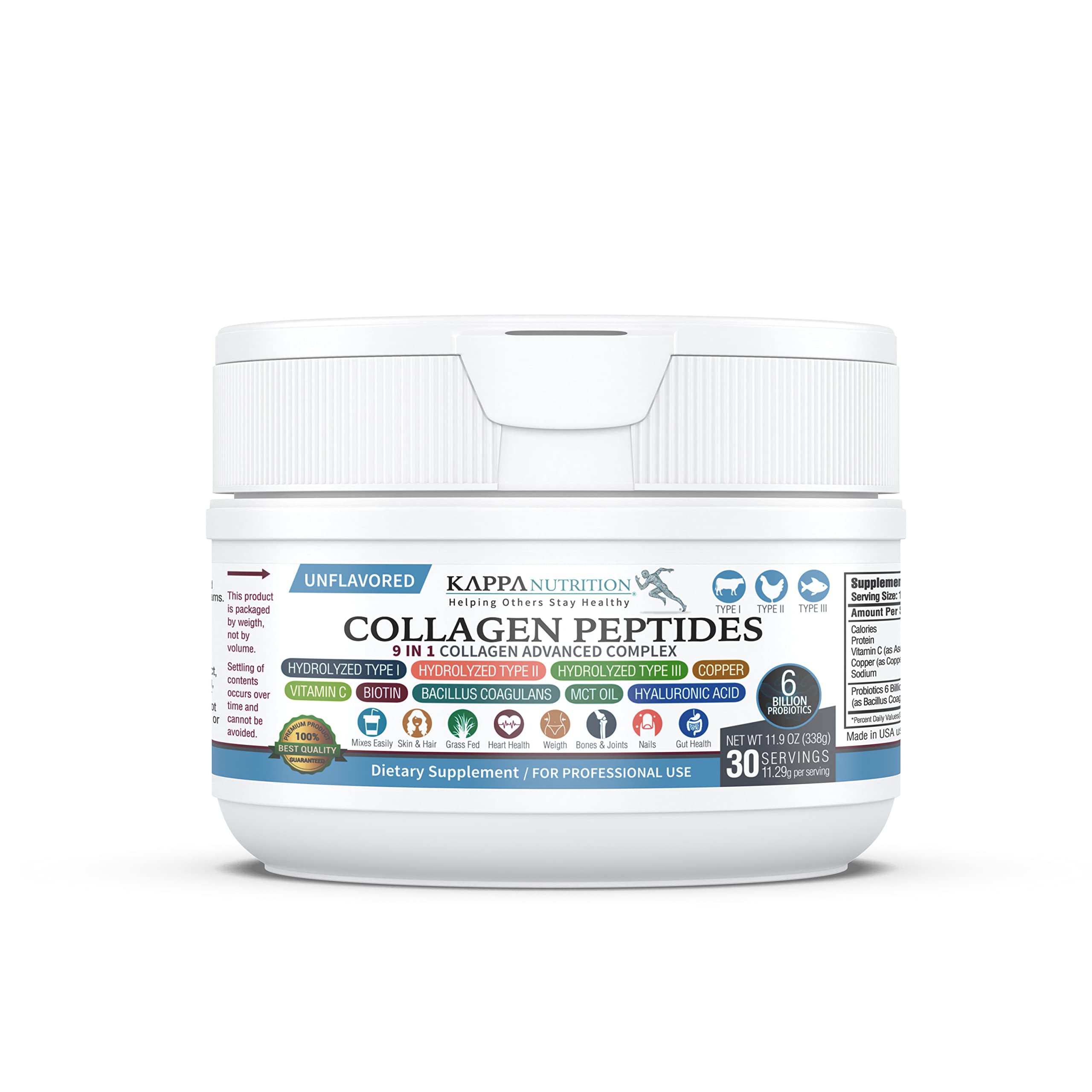 KAPPA NUTRITION Collagen Type I, II, III, 6 Billion Probiotic Acid Resistance, Hyaluronic Acid, Vitamin C, Biotin, Copper and MCT Oil, Beautiful Hair, Nails, & Skin, Collagen Peptides 9 in 1 (11.9oz) KAPPA NUTRITION uk supplements
