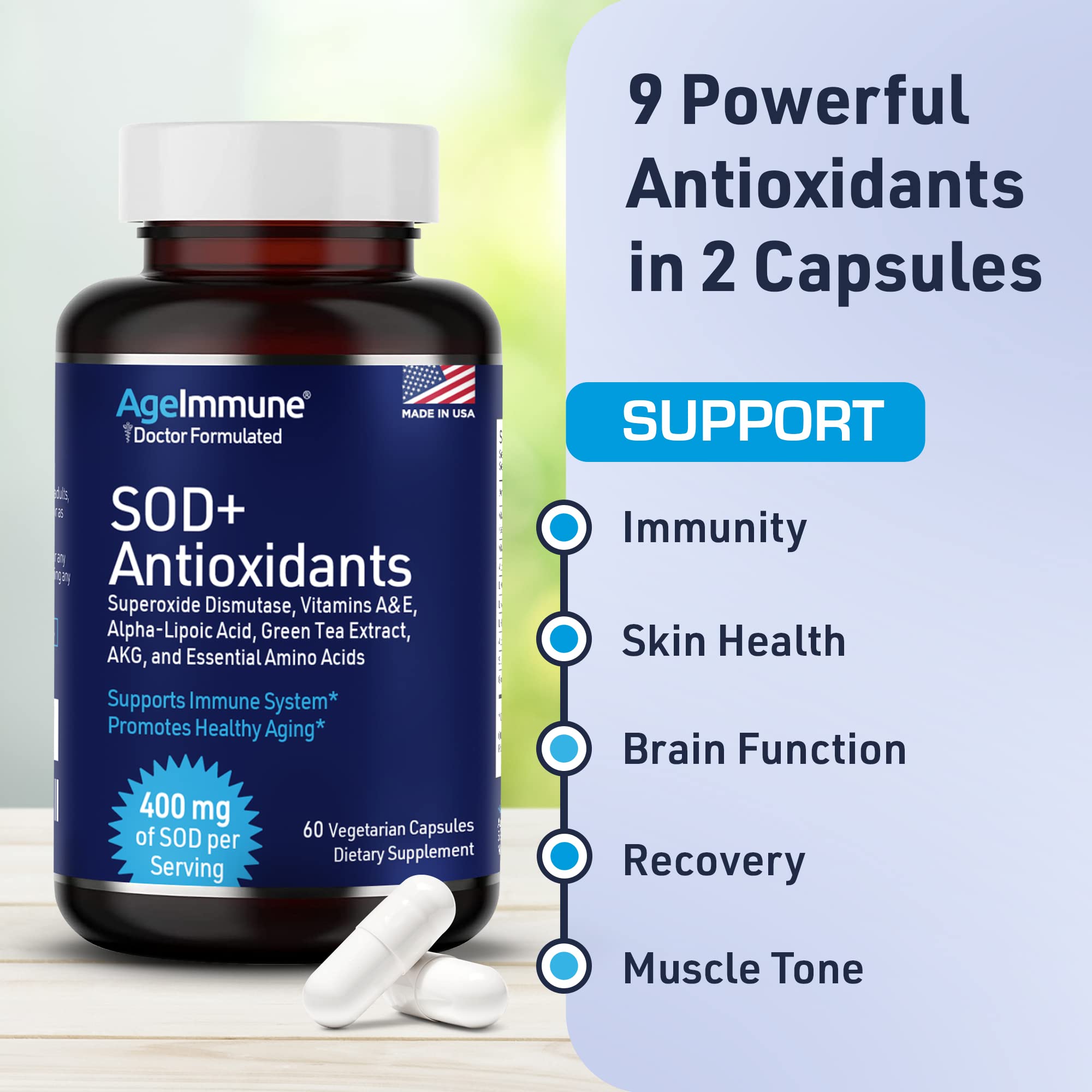 SOD Antioxidants Complex Healthy Aging Supplement - 400mg of Superoxide Dismutase - Alpha Lipoic Acid - L-Arginine -Lysine - AKG - Vitamin A - Vitamin E for Immune Support-60 Capsules AgeImmune uk supplements