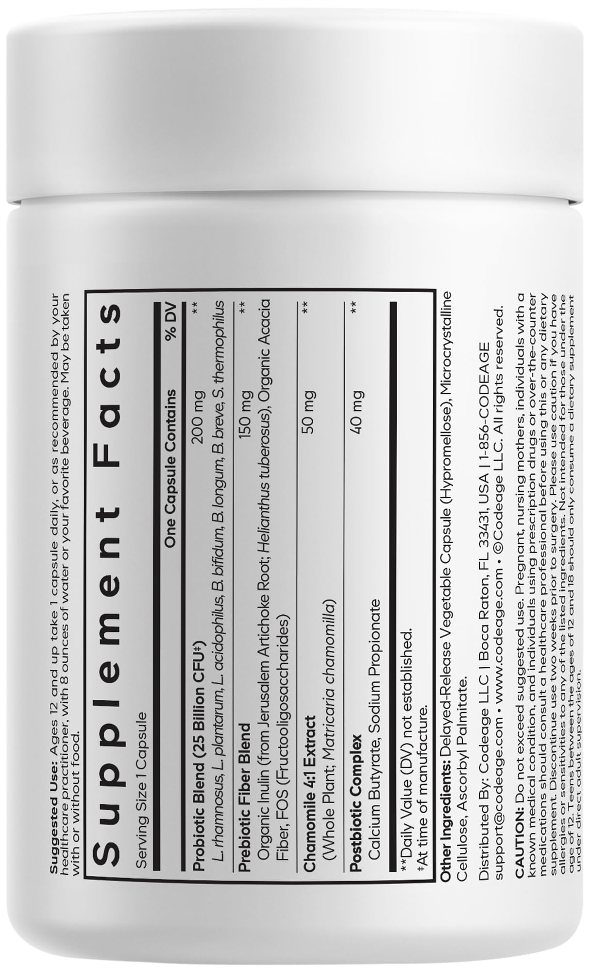 Codeage Teen Probiotic+ Supplement - 25 Billion CFU Probiotic Blend with Prebiotics, Postbiotics & Chamomile - Gut & Digestion Support for Teens and Teenagers 12 & Up - Non-GMO- 30 Capsules Codeage uk supplements