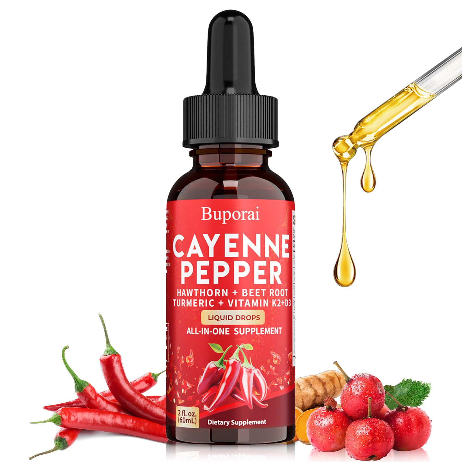 Buporai Cayenne Pepper Drops, Cayenne Pepper Extract Liquid Supplement for Overall Well-Being, 2 fl oz, Vitamin D3 K2 Beet Root Powder Buporai uk supplements