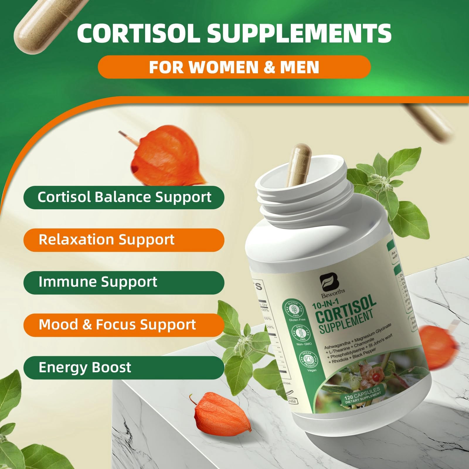 B BEWORTHS Cortisol Supplements for Women Men, 10-in-1 Cortisol Detox with Ashwagandha, Magnesium, L-Theanine, Balanced Cortisol Levels, Night & Calm Support, 120 Vegan Capsules B BEWORTHS uk supplements
