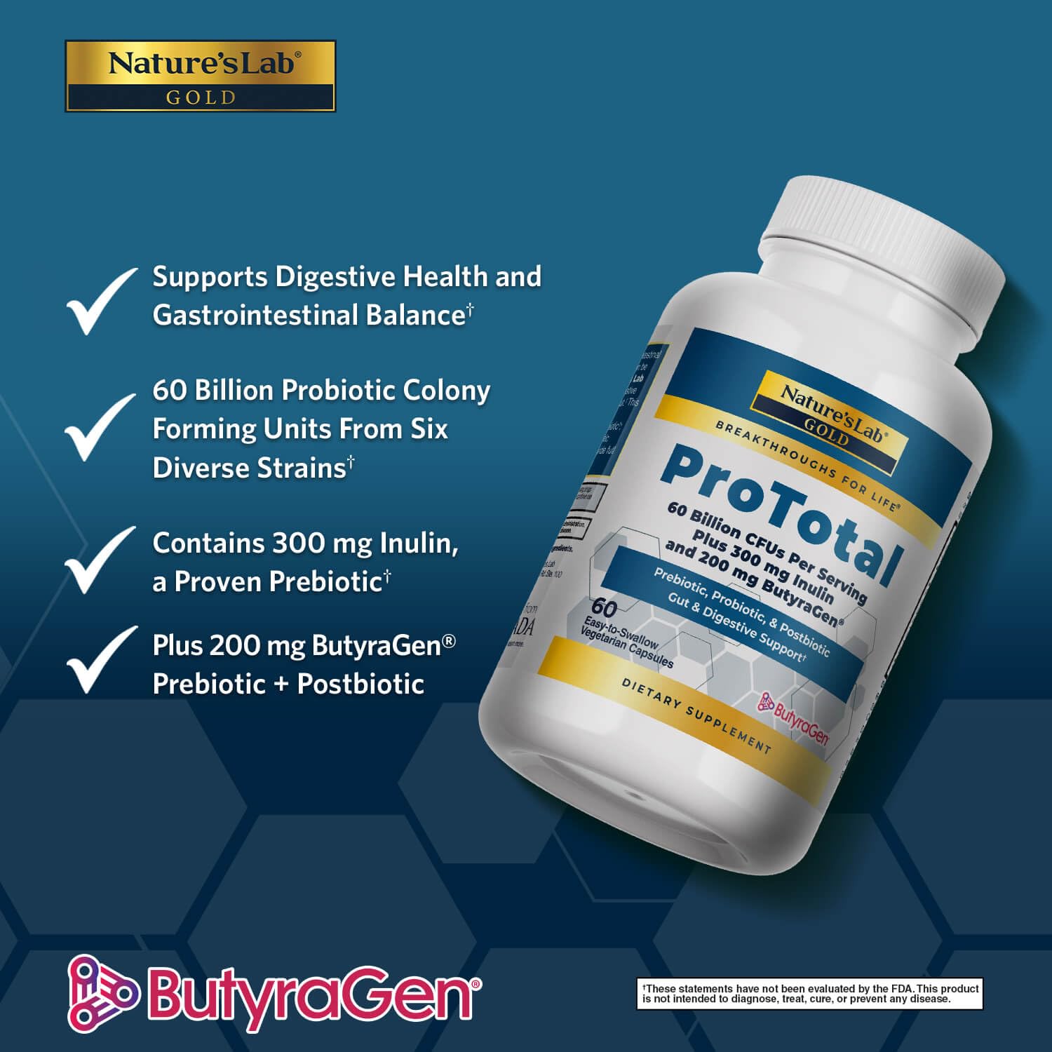 Nature's Lab Gold ProTotal - 60 Billion CFU Probiotic, Prebiotic, Postbiotic, Synbiotic - with Butyragen (Direct Butyrate Generator) 60 Ct Nature's Lab uk supplements
