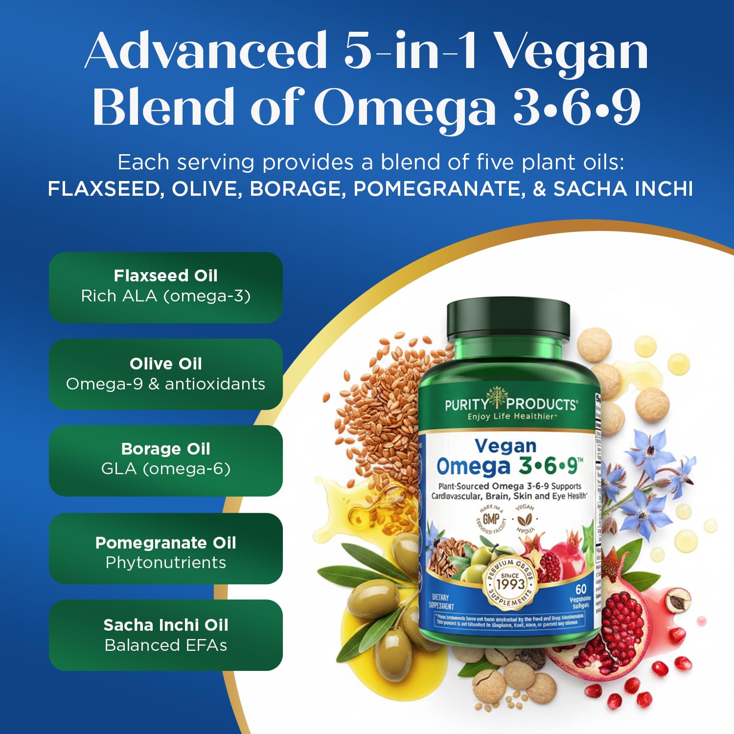 Purity Products Omega 3-6-9 Vegan and Vegetarian Formula - “5 in 1” Essential Fatty Acid Complex - Scientifically Formulated Plant-Based Omega 3 6 9 Essential Fatty Acids (EFA) - from (60) Purity Products uk supplements