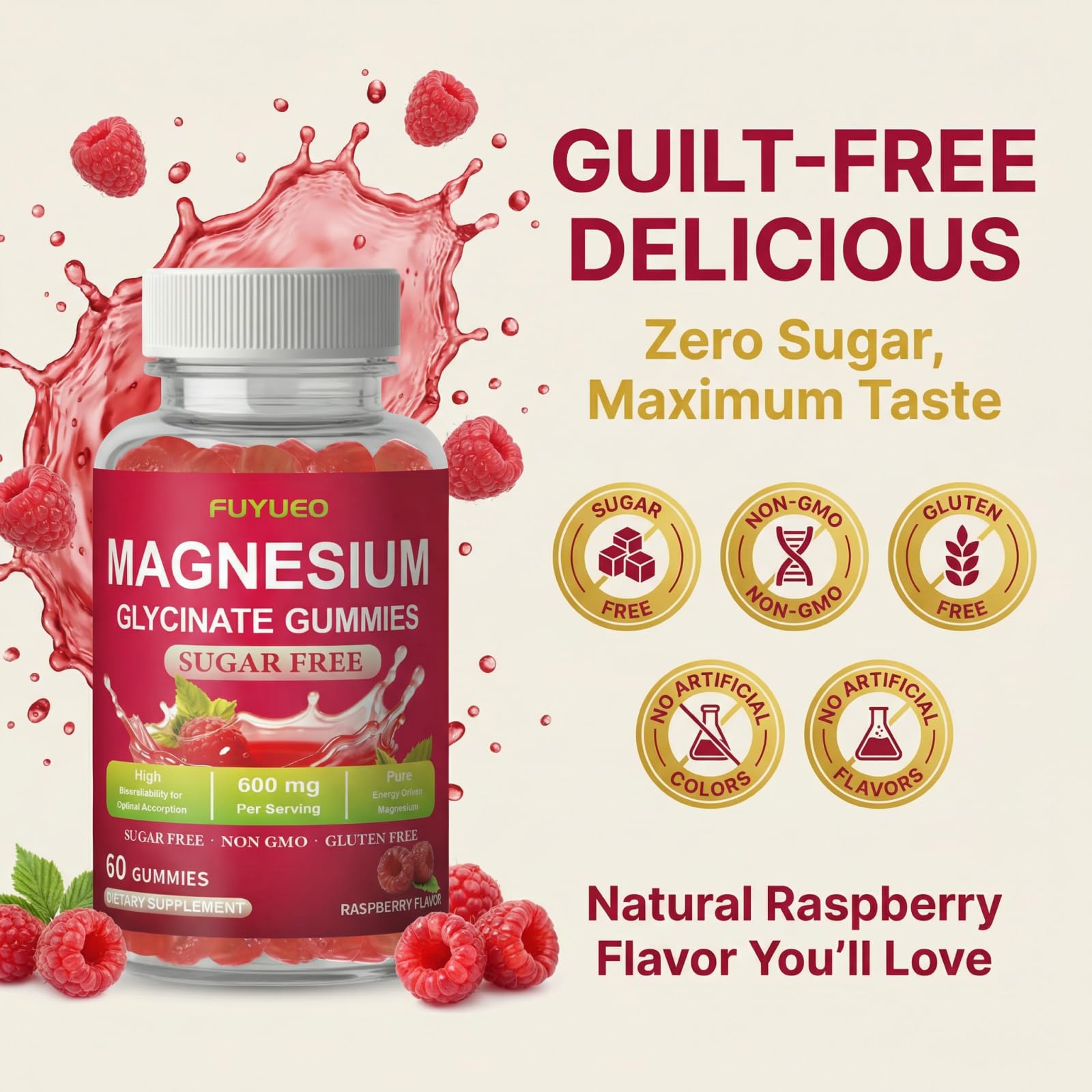 FUYUEO Magnesium Glycinate Gummies for Sleep & Relaxation, Sugar Free High Absorption Magnesium Supplement for Men & Women, Gentle on Stomach, Chewable, Raspberry, 60 Count (Pack of 1) FUYUEO uk supplements