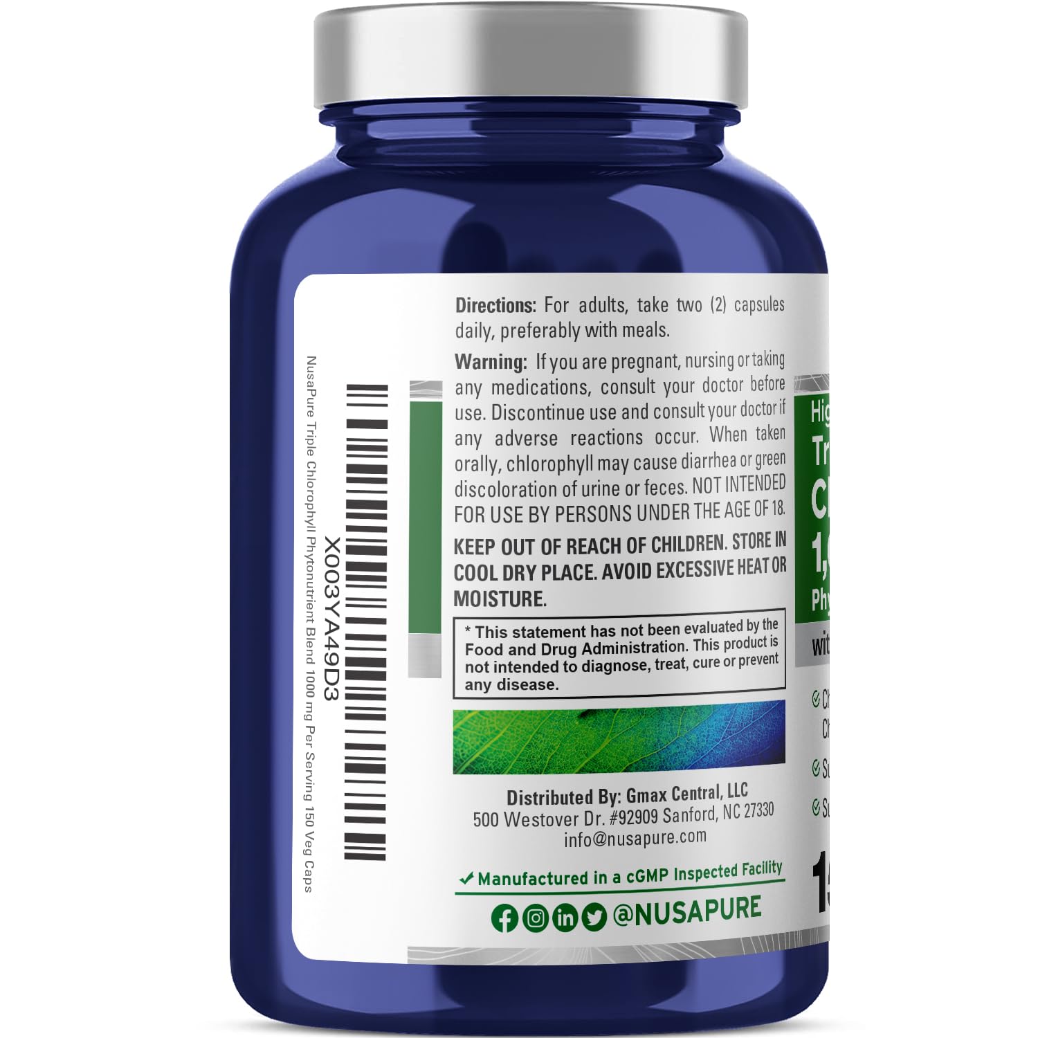 NusaPure High Absorption Triple Chlorophyll 1000 mg 150 Veg Caps Suitable for Vegetarians and Vegans, Non-GMO NusaPure uk supplements