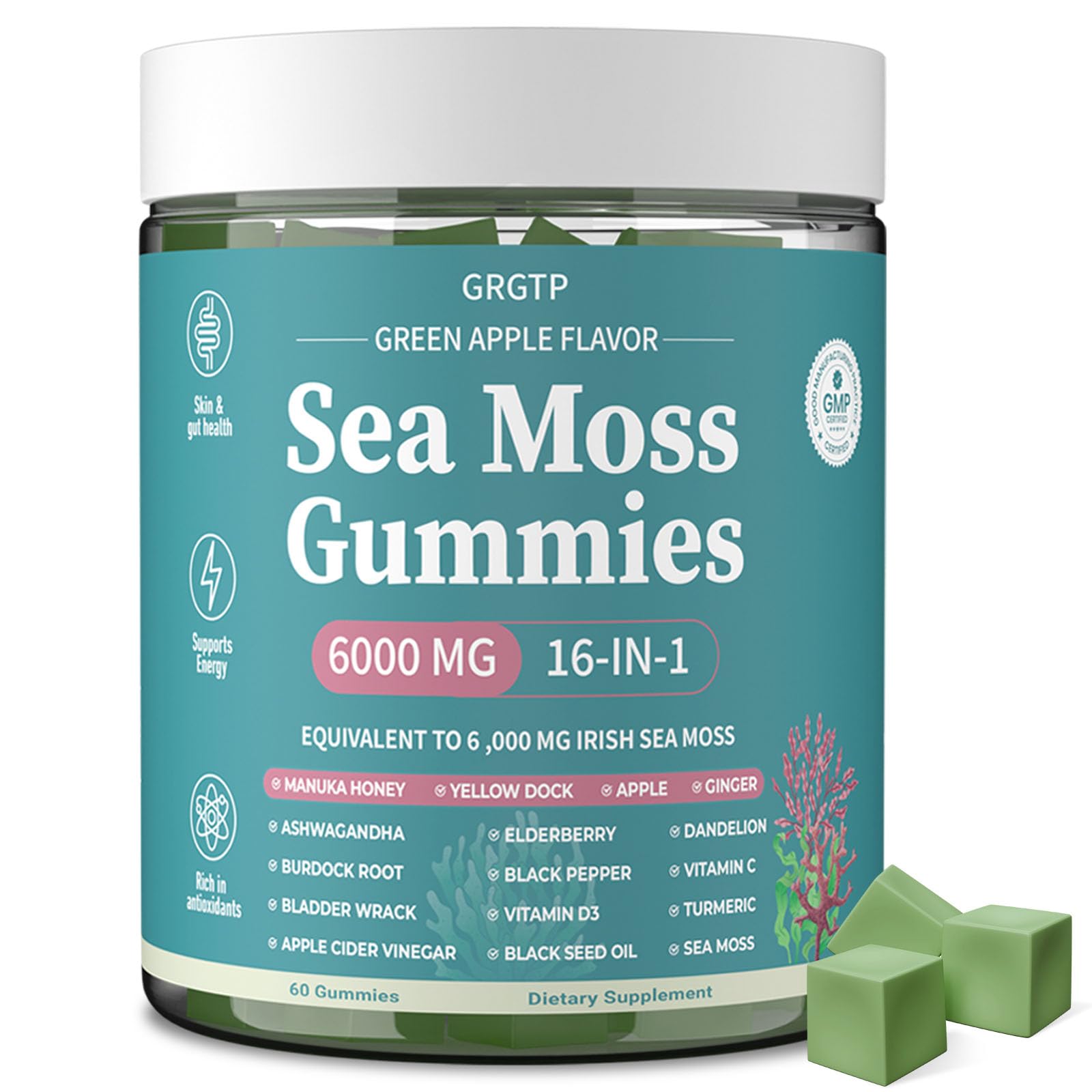 Sea Moss Gummies 16-in-1 - Ashwagandha Black Seed Oil Bladder Wrack Turmeric Vitamin C & D3 with Manuka Burdock Root Dandelion Yellow Dock Natural Detox & Liver Health Immune Support, Energy Boost GRGTP uk supplements