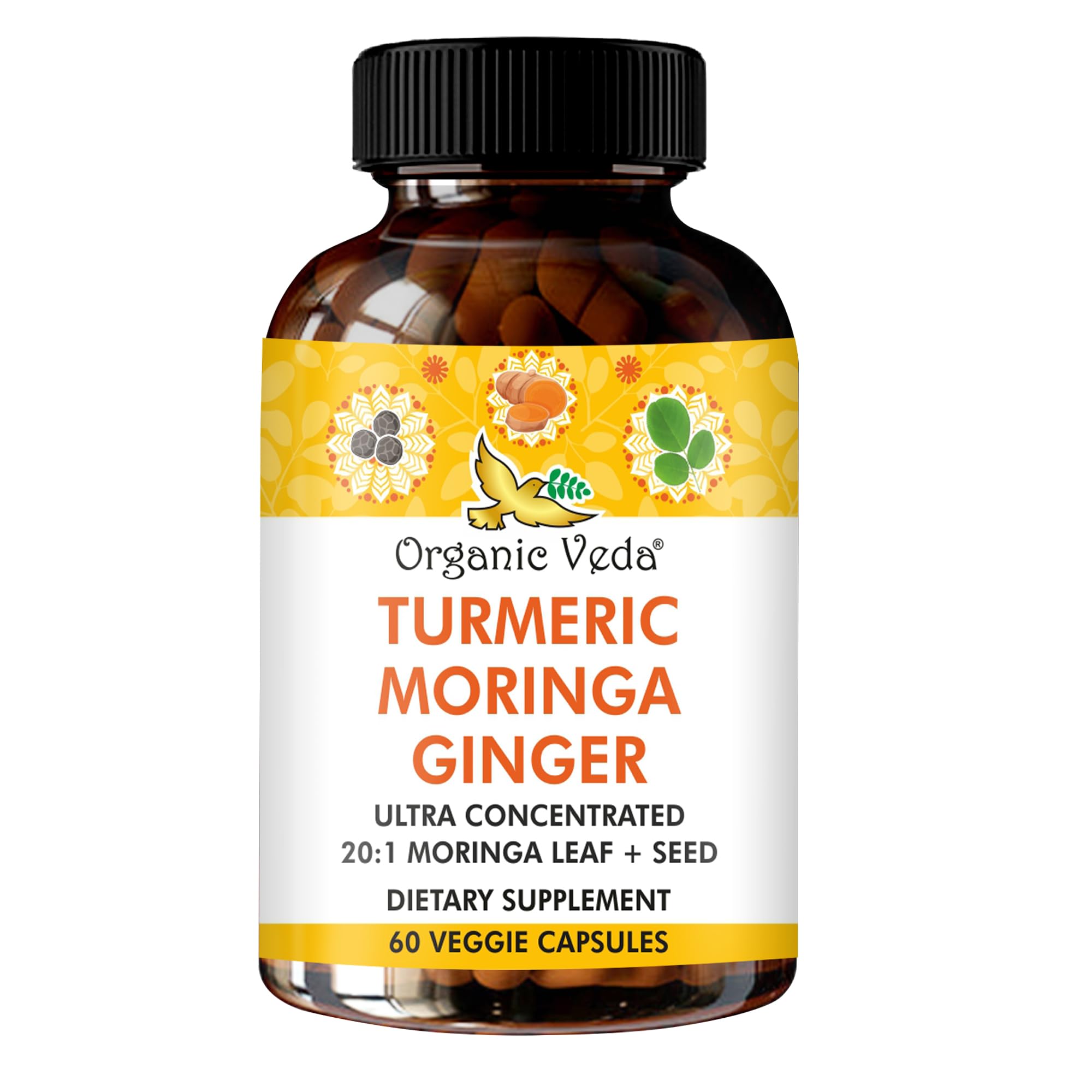 Organic Veda Turmeric Moringa Ginger Capsules - Super Antioxidants & Curcumin Supplement with 20:1 Moringa Leaf & Seed Extract, Black Pepper - Energy, Joints, Heart Health Support - 60 Vegan Pills Organic Veda uk supplements
