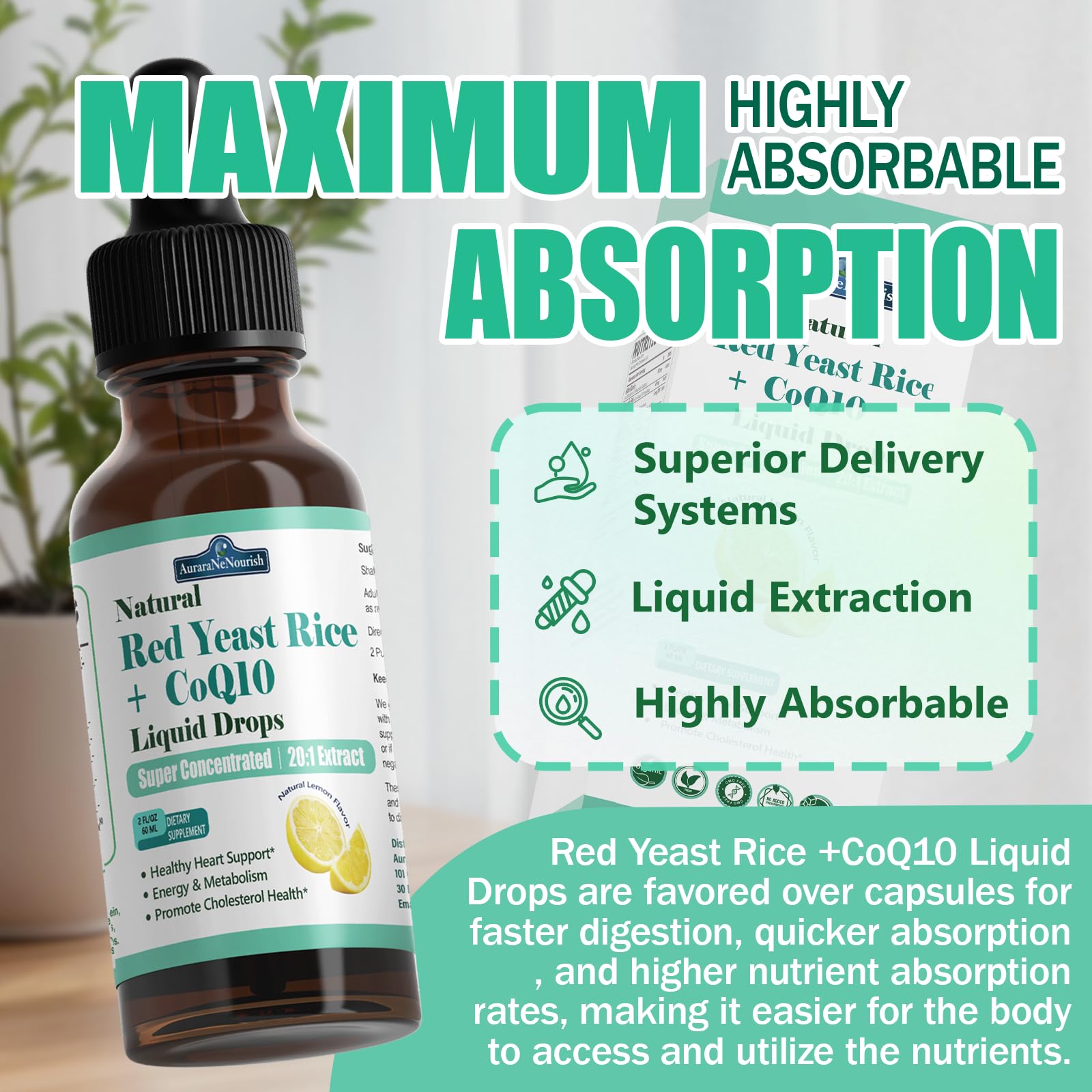 Liposomal Red Yeast Rice with Coq10 Liquid Drops, 5-in-1 Extra Strength 1200mg Cholesterol & Heart Support w. Citrus Bergamot Alpha Lipoic Acid | Cholesterol Lowering Supplement | GMO & Citrinin Free AuraraNeNourish uk supplements