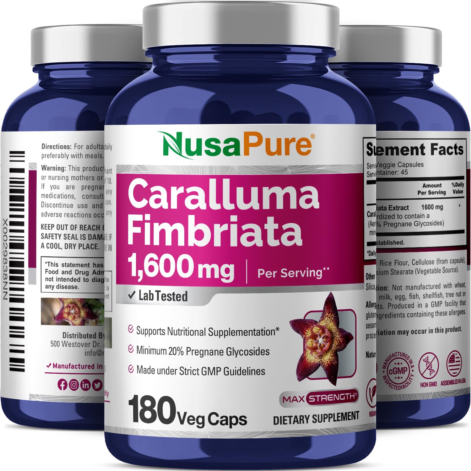 NusaPure Caralluma Fimbriata 1600mg - 180 Veggie Capsules (Non-GMO, Vegan) NusaPure uk supplements